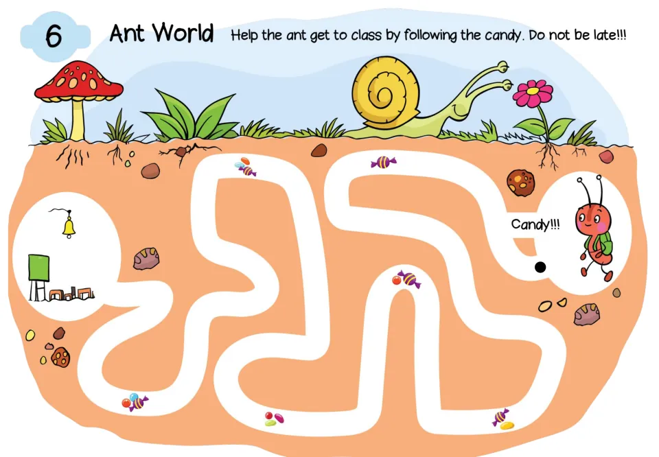 Maze 6, Ant World: follow candy along the underground path to help an ant reach the classroom on time