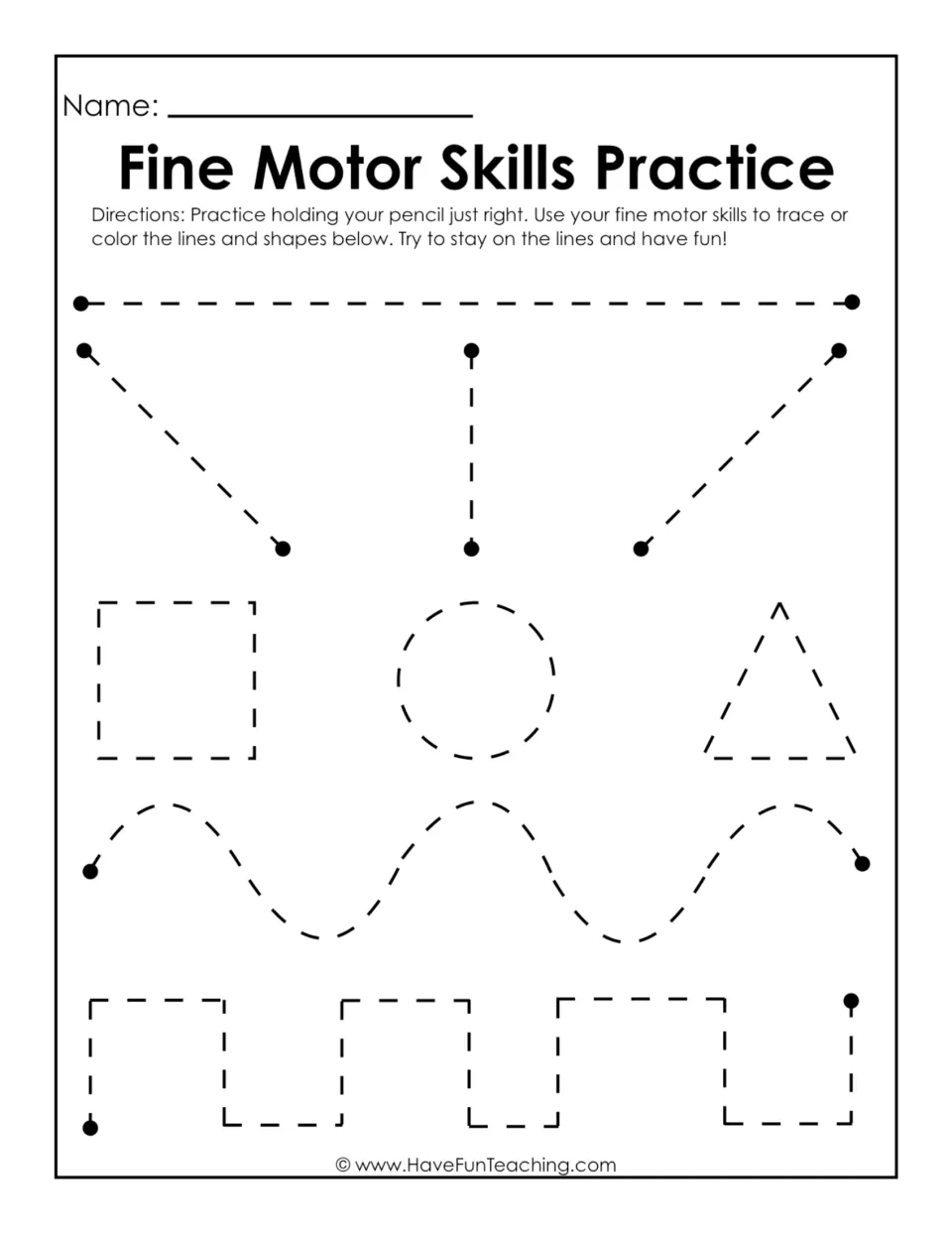 Pencil-control tracing: students trace dashed straight and slanted lines, a square, circle, triangle, a wave and a step path