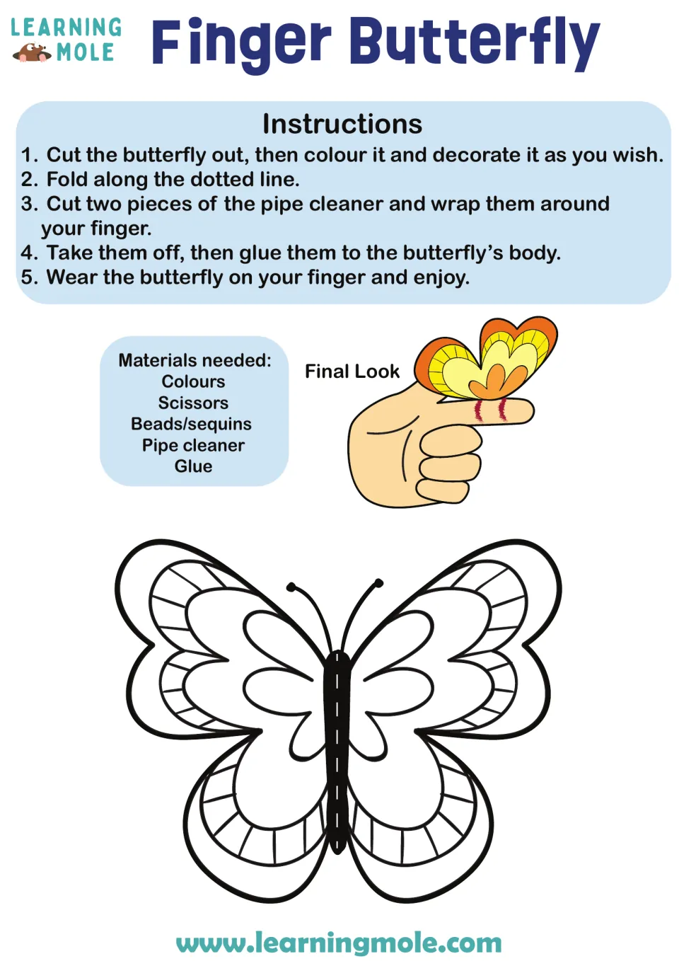 Butterfly craft: students color and cut out a butterfly outline, fold it and attach pipe cleaner rings to wear on a finger