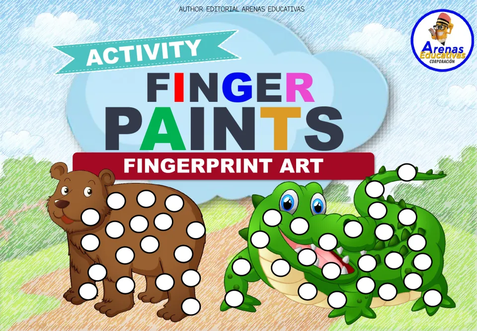 Finger Paints fingerprint art activity cover showing a brown bear and a green crocodile with white dots to fill in