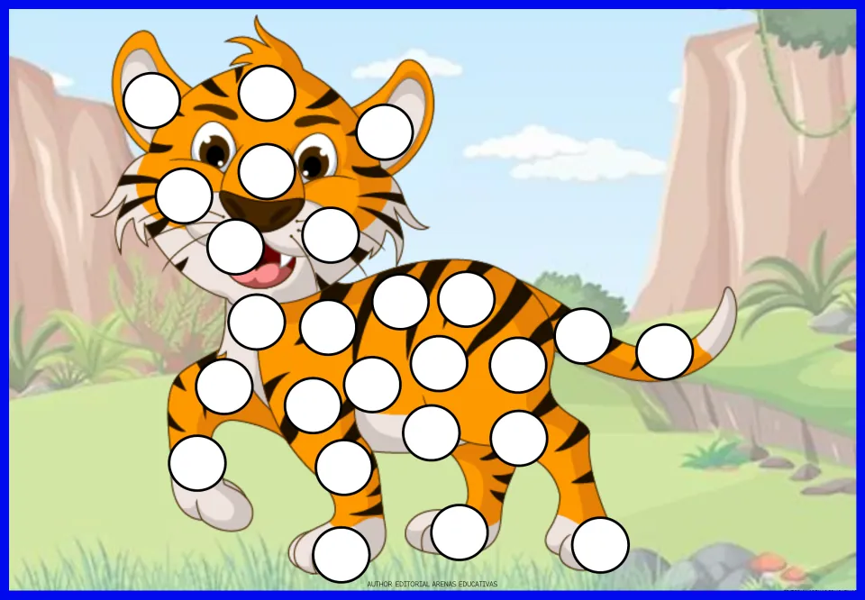Tiger cub fingerprint art: children dab paint with a fingertip onto each white dot on the striped cartoon tiger