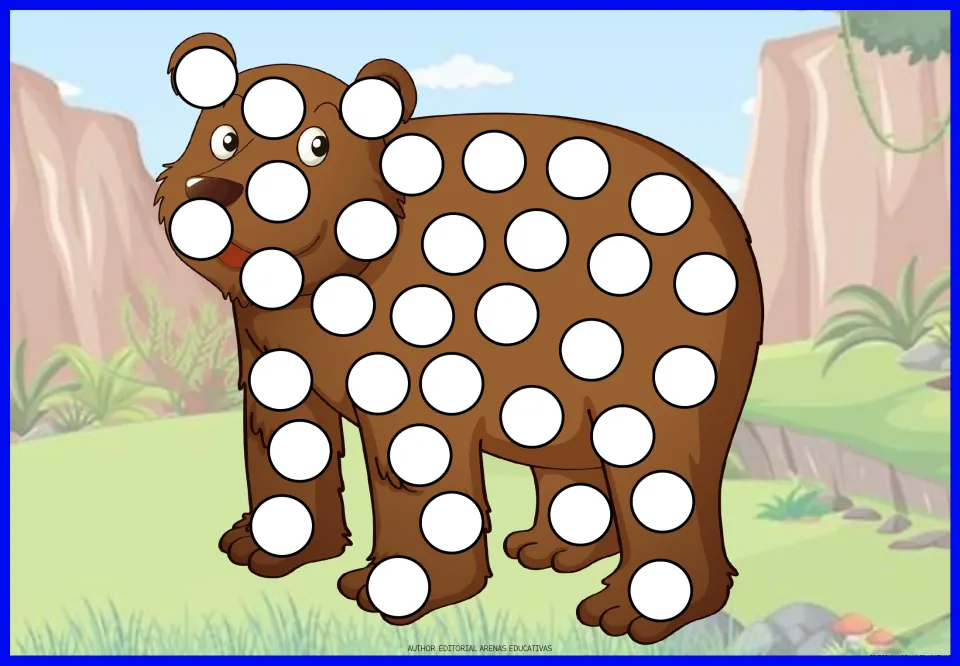 Brown bear fingertip painting: students fill the white spots over a standing cartoon bear with finger-pressed colour