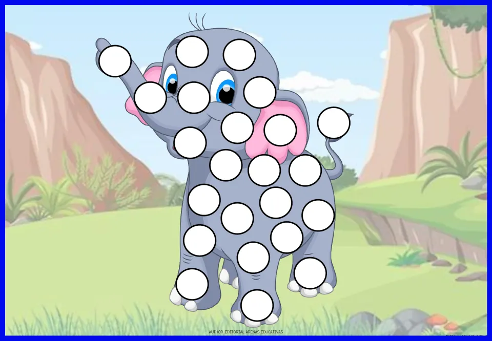 Elephant fingerprint page: kids press a painted finger onto white spots covering a grey cartoon elephant with trunk raised