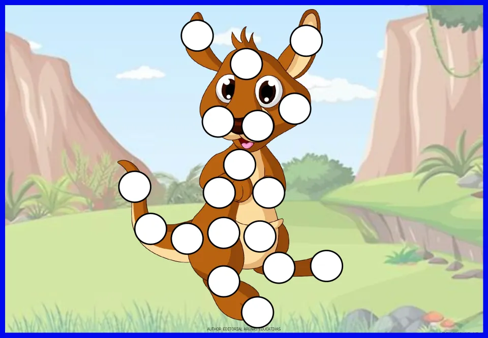 Kangaroo fingerprint art: children print paint dots with their fingers on the white spots of a jumping cartoon kangaroo