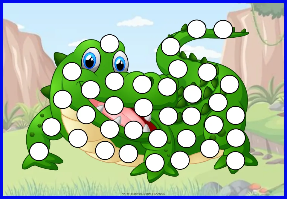 Crocodile fingerprint painting: students cover a smiling green cartoon crocodile's white spots using fingertip prints