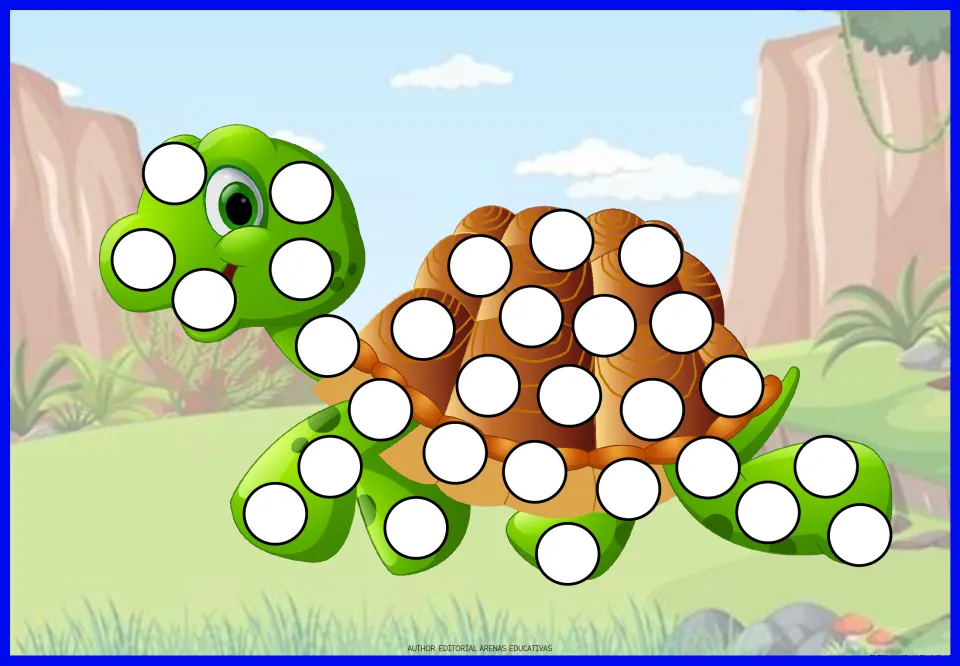 Turtle fingerprint art: kids fill the white spots on a cartoon turtle's green body and brown shell with fingertip paint