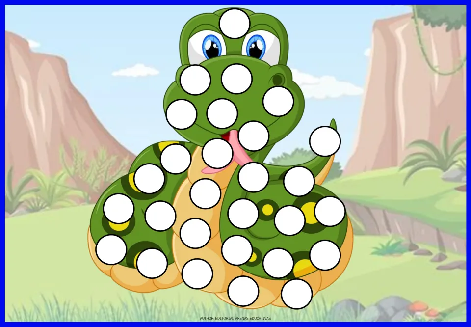 Coiled snake fingerprint page: children press painted fingertips on each white spot of a green cartoon snake