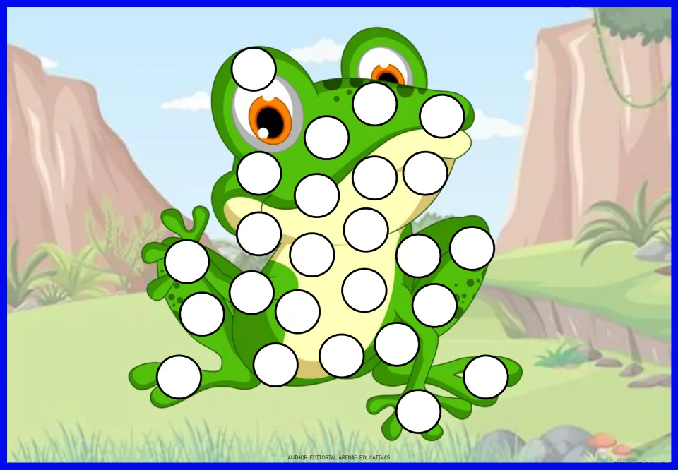 Frog fingerprint painting: students dot paint with a finger onto the white spots covering a sitting green cartoon frog