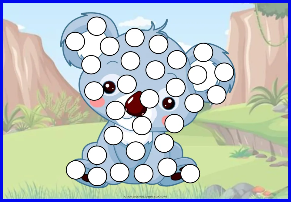 Koala fingerprint art: kids use fingertip paint to fill the white spots across a seated blue-grey cartoon koala