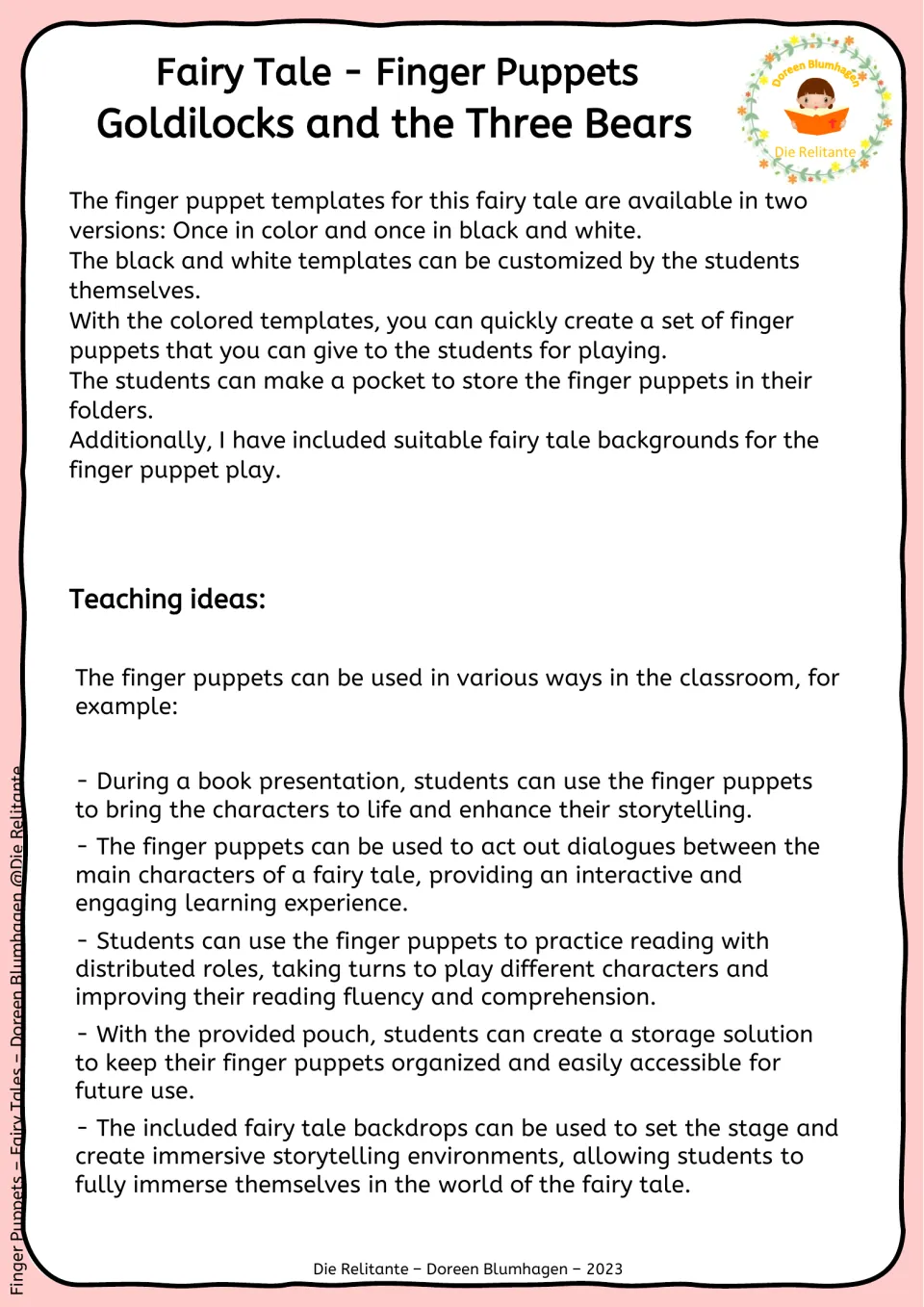 Teacher notes on using the color and black-and-white finger puppet templates, plus teaching ideas for acting out the tale