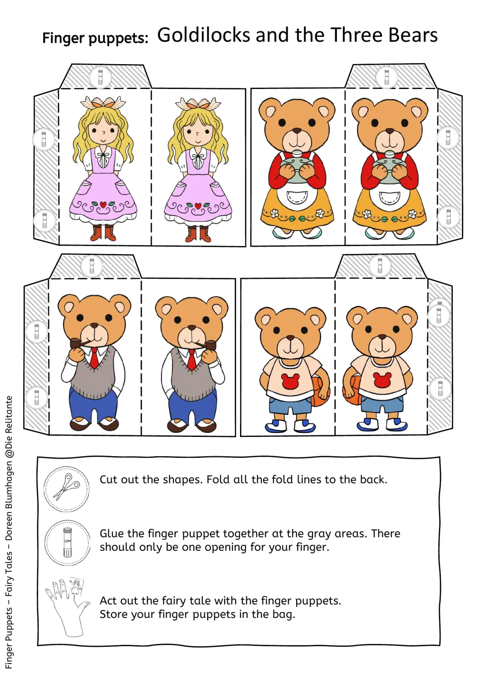 Color finger puppets of Goldilocks and the bear family: students cut, fold and glue each puppet, then act out the tale