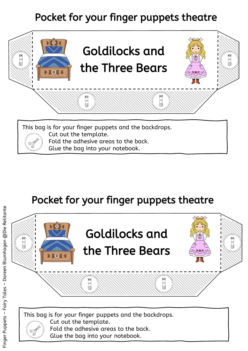 Color pocket template with a bed and Goldilocks, which students cut out, fold and glue into a notebook to store puppets
