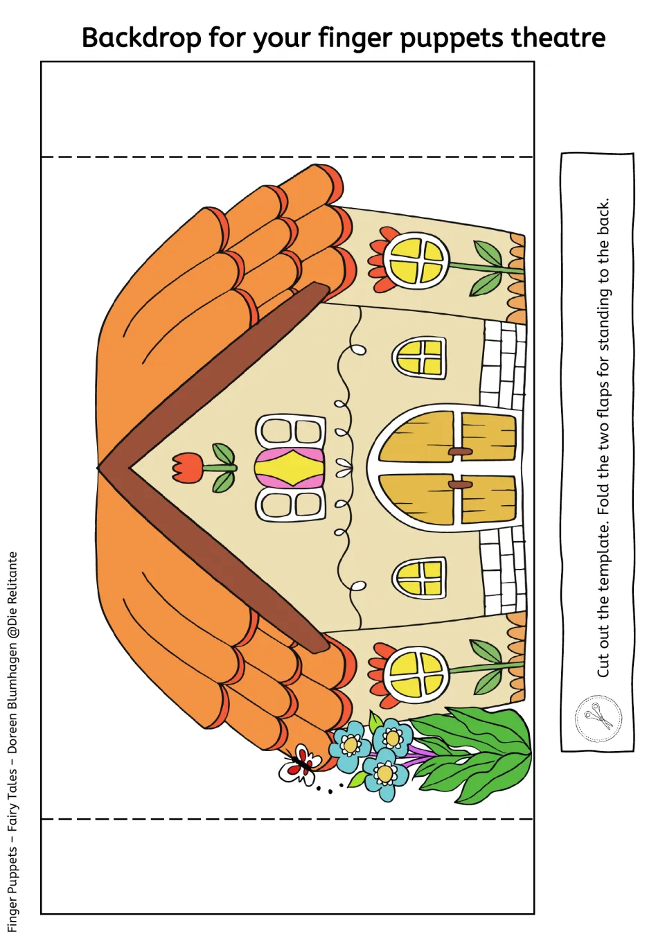 Backdrop of the bears' cottage with orange roof and flowers; students cut it out and fold two flaps to the back to stand