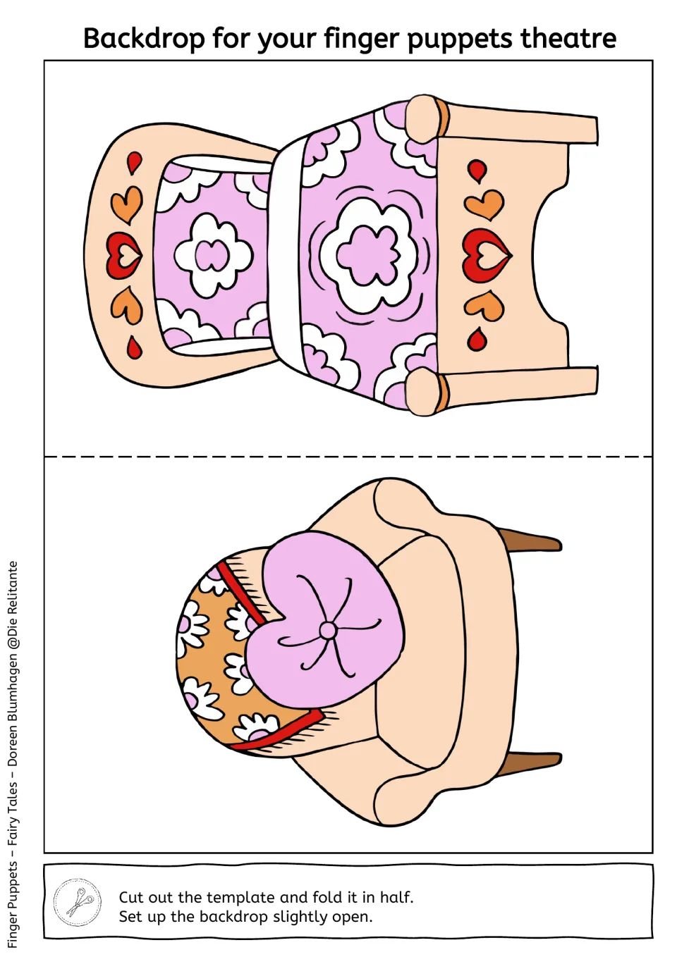 Backdrop showing a pink patterned bed and an armchair; students cut it out, fold in half and set it slightly open