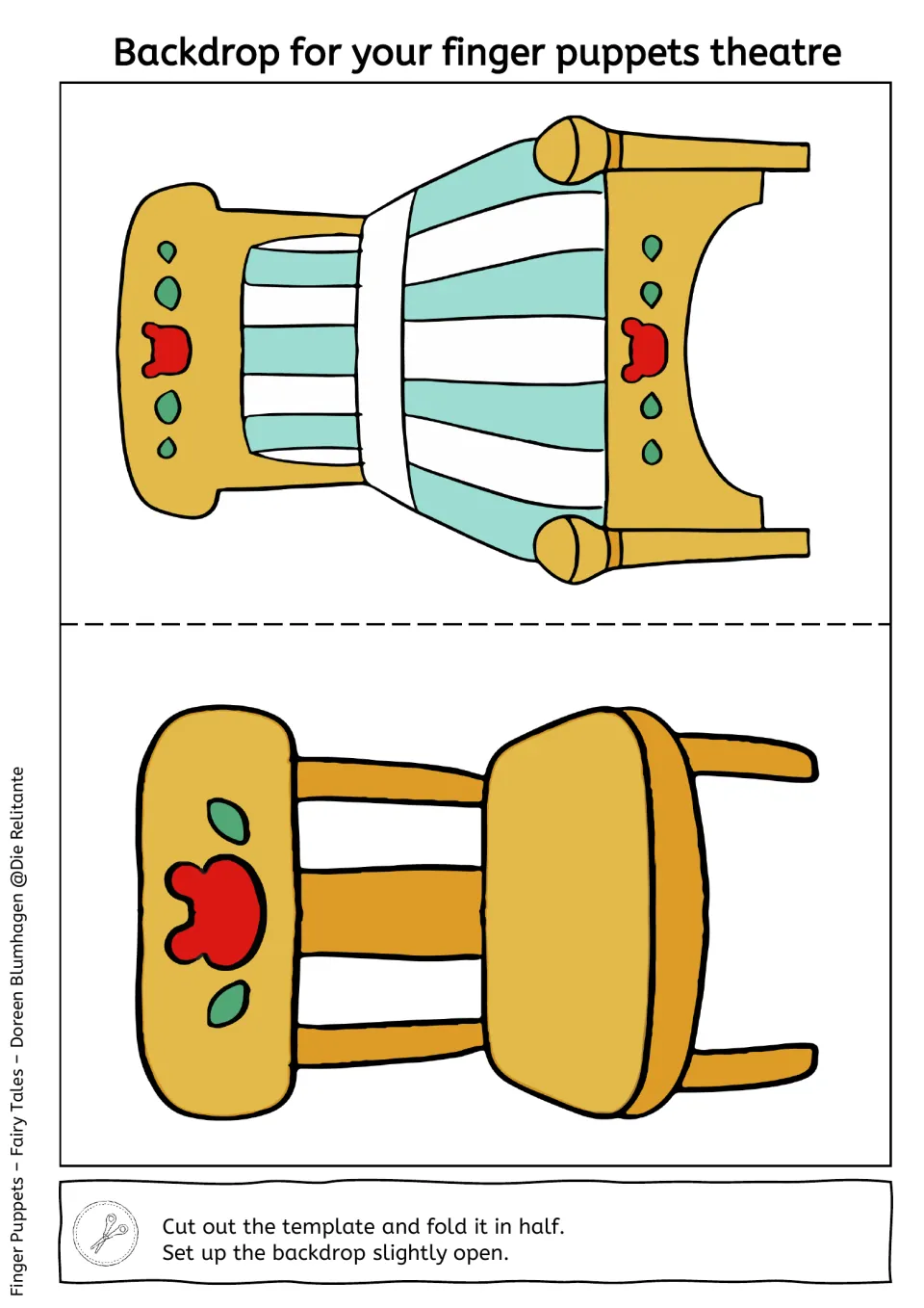 Backdrop showing a yellow chair with red bear emblem in two views; students cut it out, fold in half and stand it open