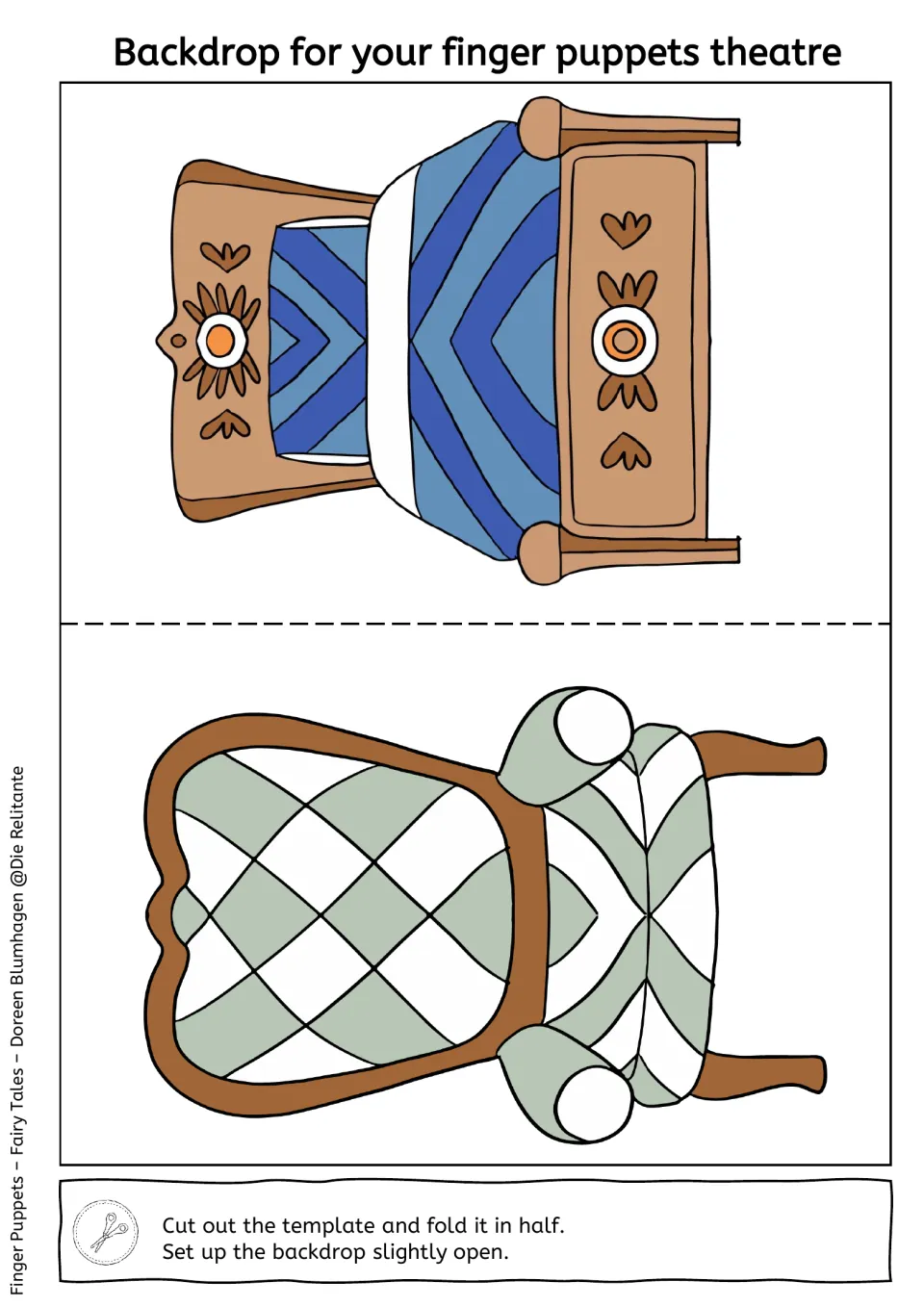 Backdrop showing a blue bed and a diamond-patterned chair; students cut it out, fold in half and set it slightly open
