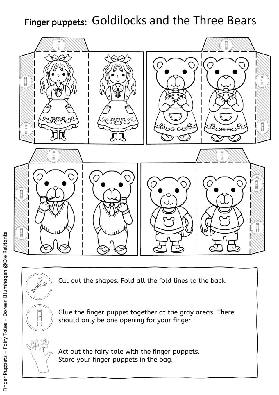 Black-and-white finger puppets of Goldilocks and the bears for students to color, then cut, fold, glue and act out