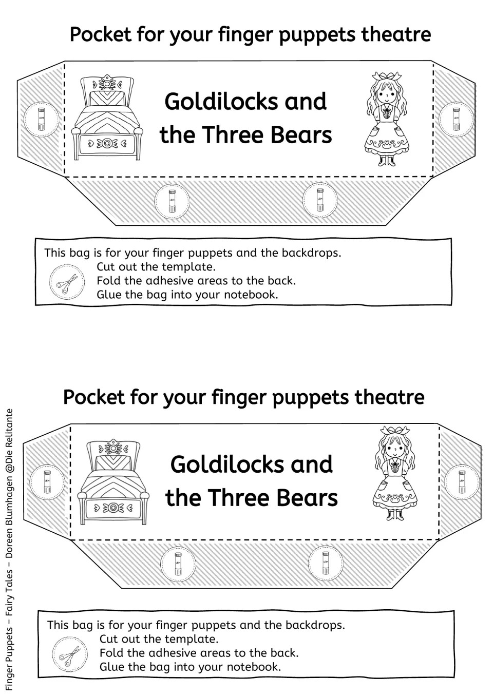 Black-and-white pocket template with a bed and Goldilocks outline that students cut out, fold and glue into a notebook