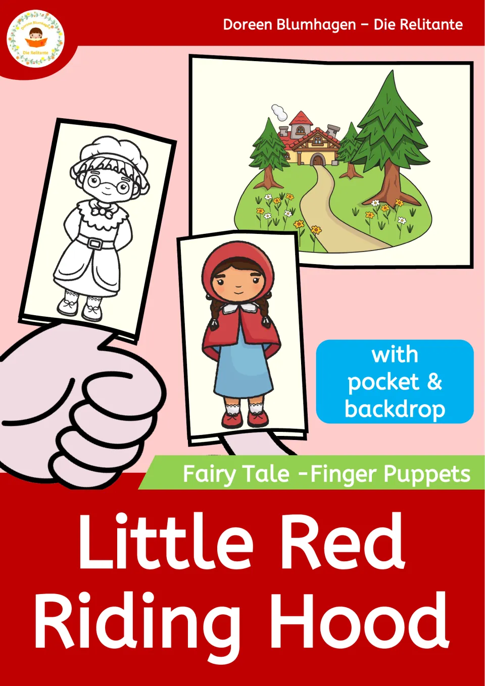 Little Red Riding Hood finger puppet craft cover showing sample puppets, a forest backdrop, and a pocket note