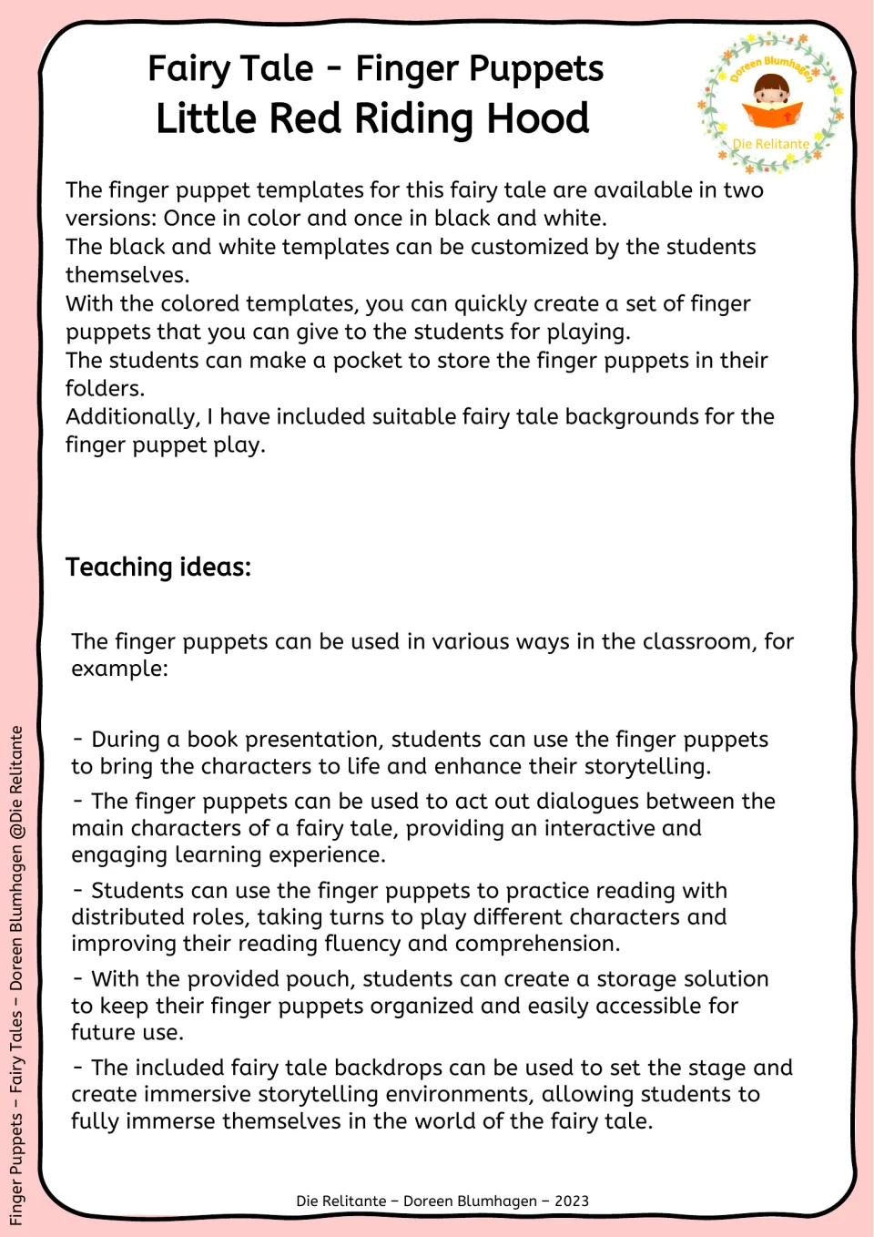 Teacher guide explaining color and black-and-white puppets, storage pockets, backdrops, and classroom uses