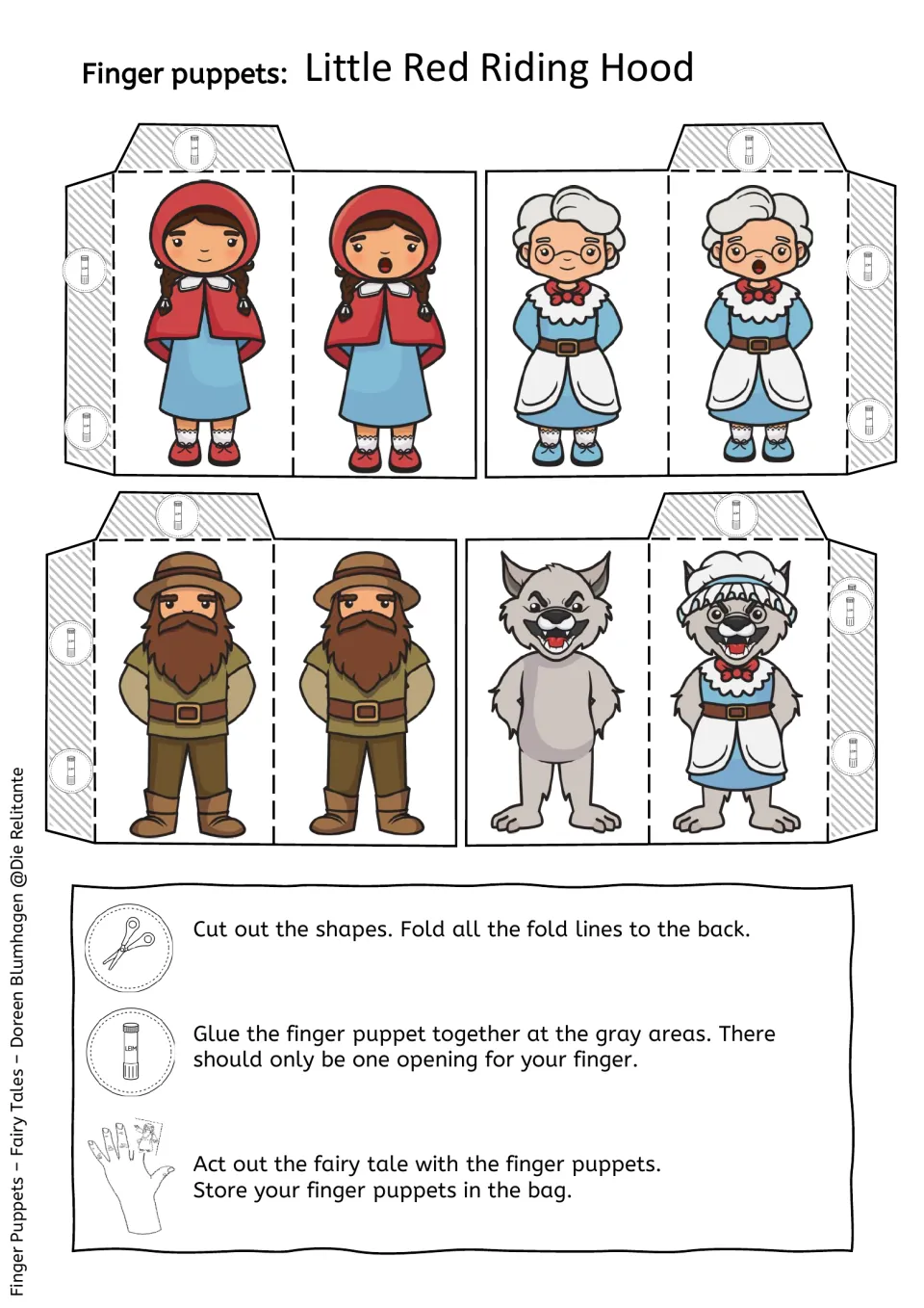 Color sheet of four two-sided finger puppets: the girl, grandmother, huntsman, and wolf, with assembly directions