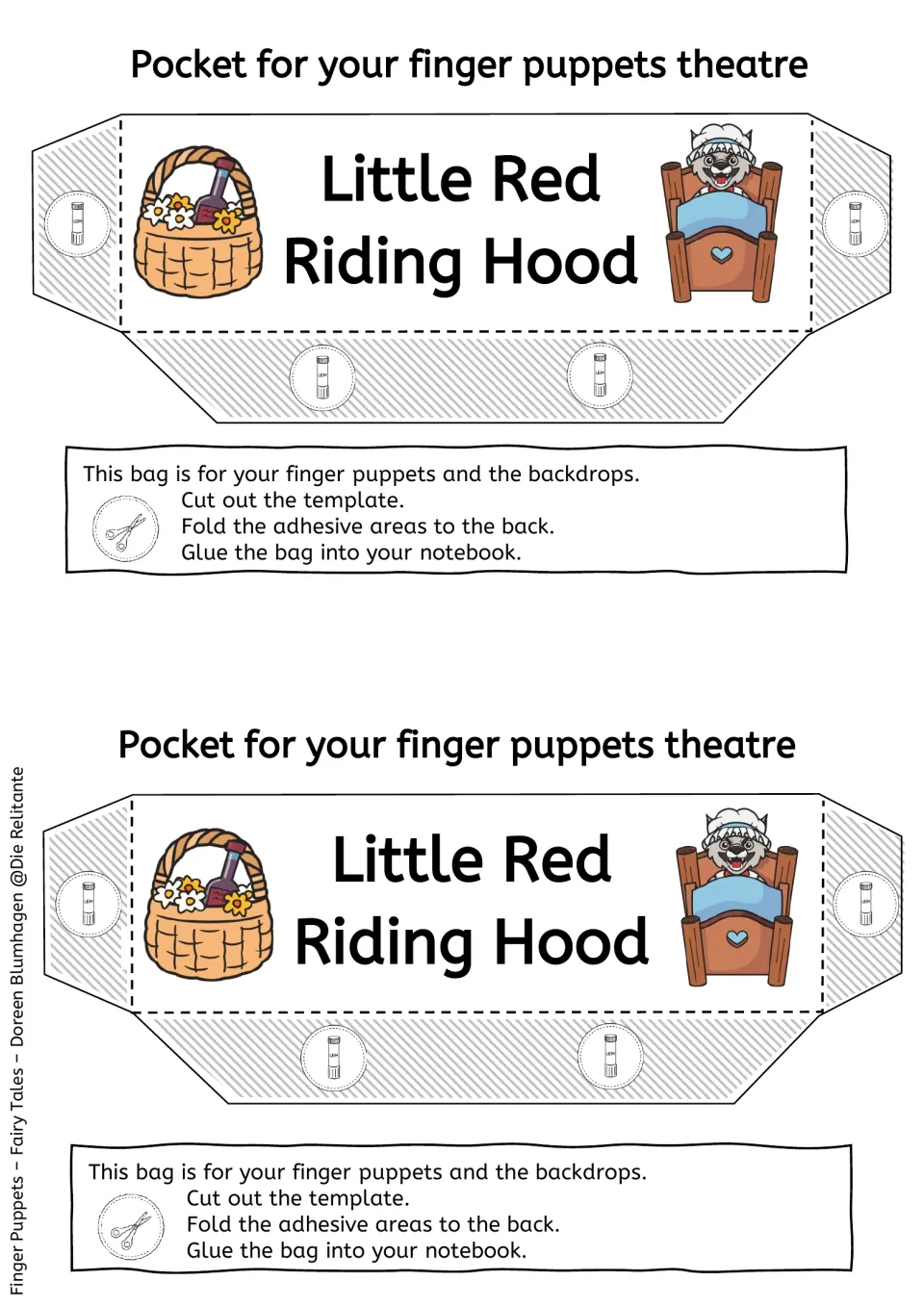 Two color storage pocket templates for the fairy tale puppets and backdrops, with notebook assembly directions