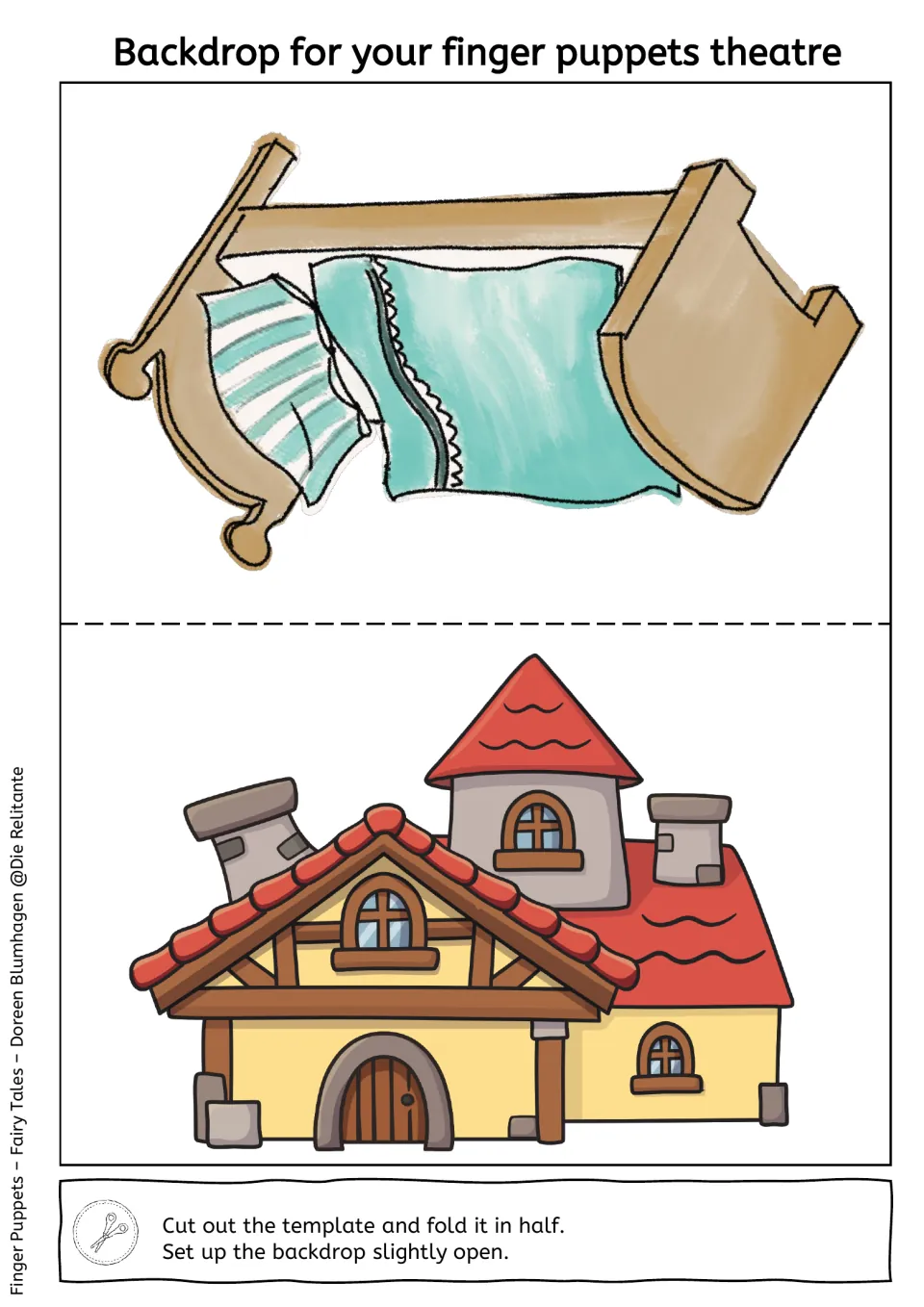 Color bed and cottage backdrop template for the finger puppet theater, with directions to cut and fold in half