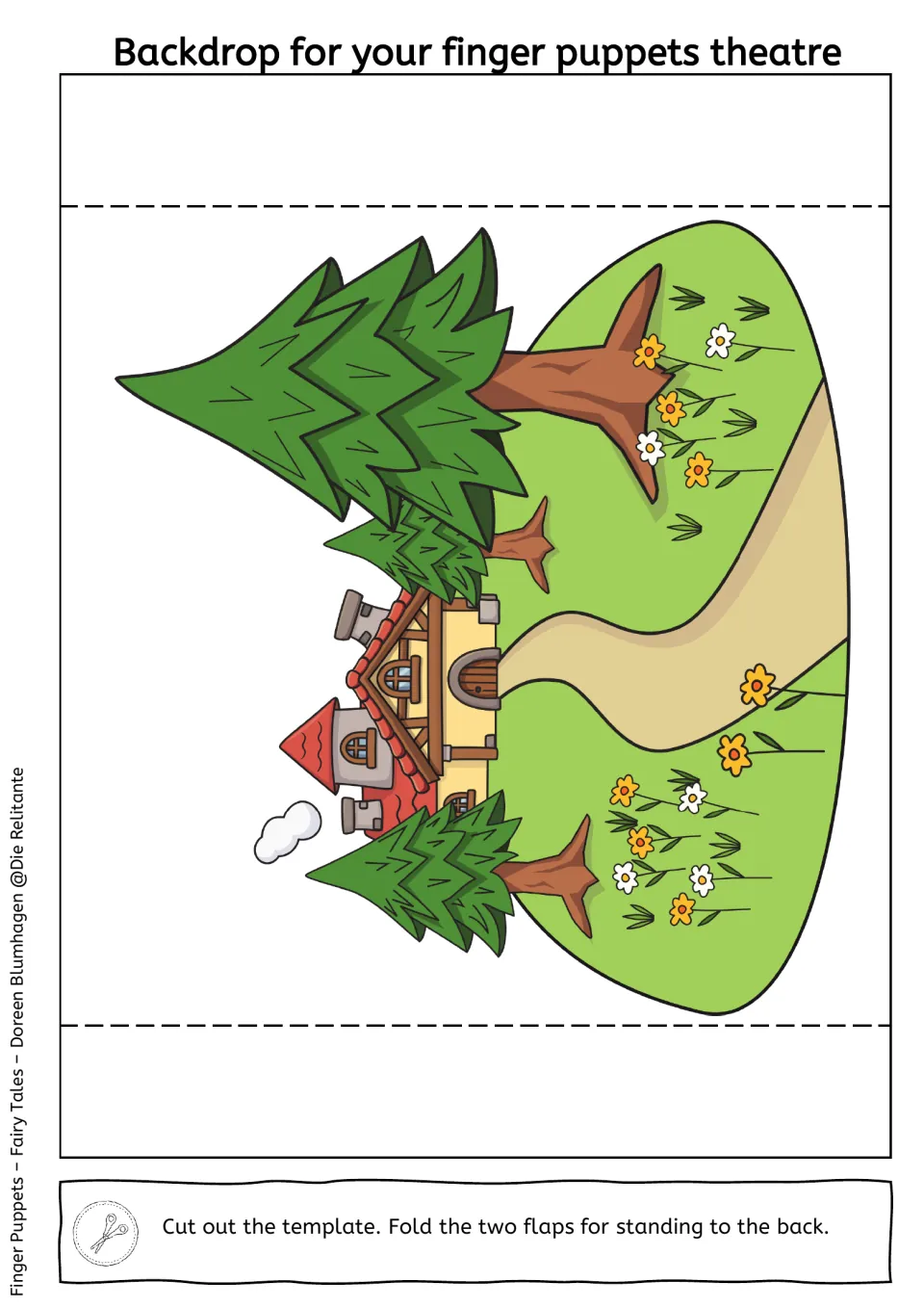 Color forest and cottage backdrop for the finger puppet theater, with directions to fold back two standing flaps