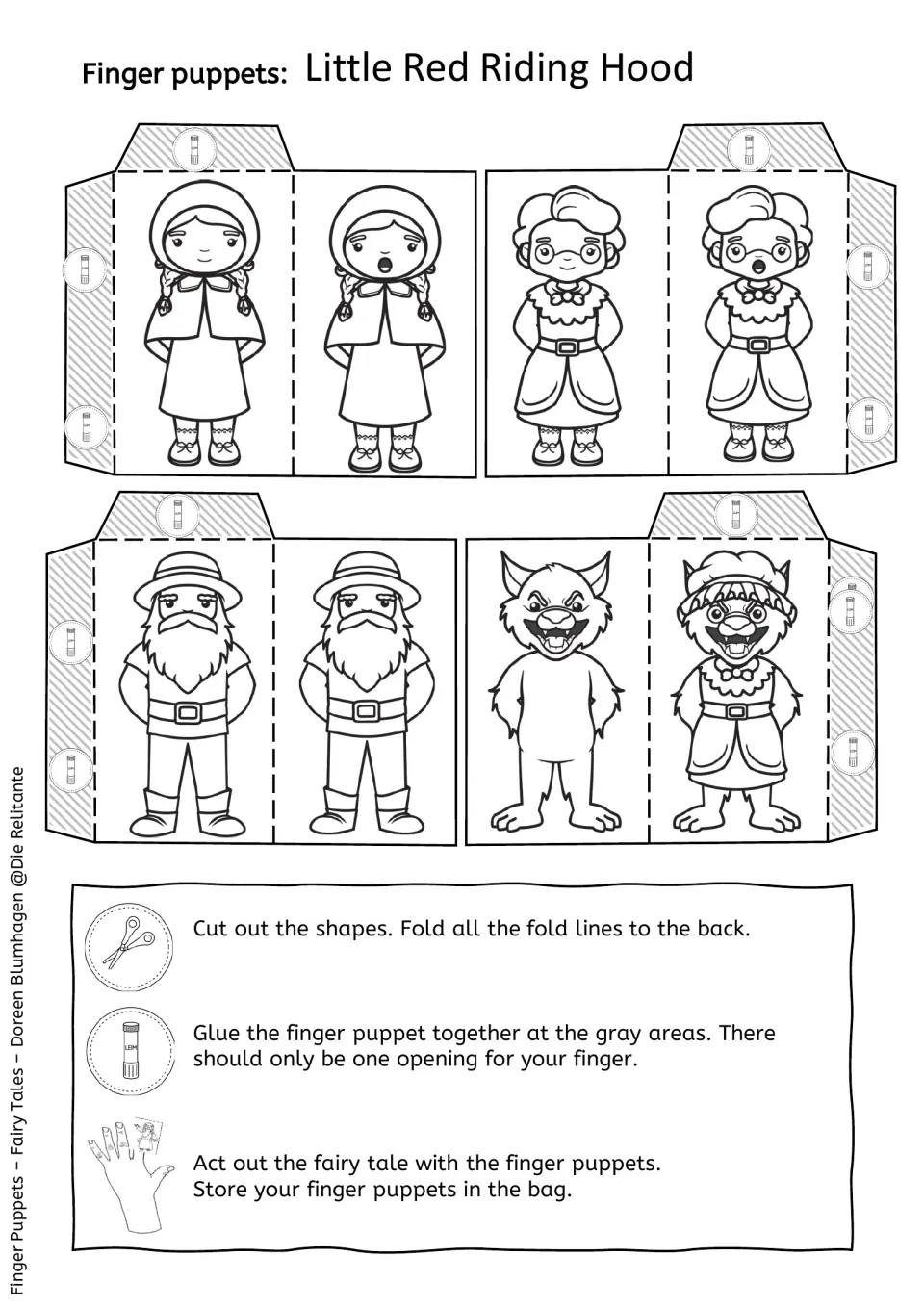 Black-and-white sheet of four two-sided finger puppets: the girl, grandmother, huntsman, and wolf, for coloring