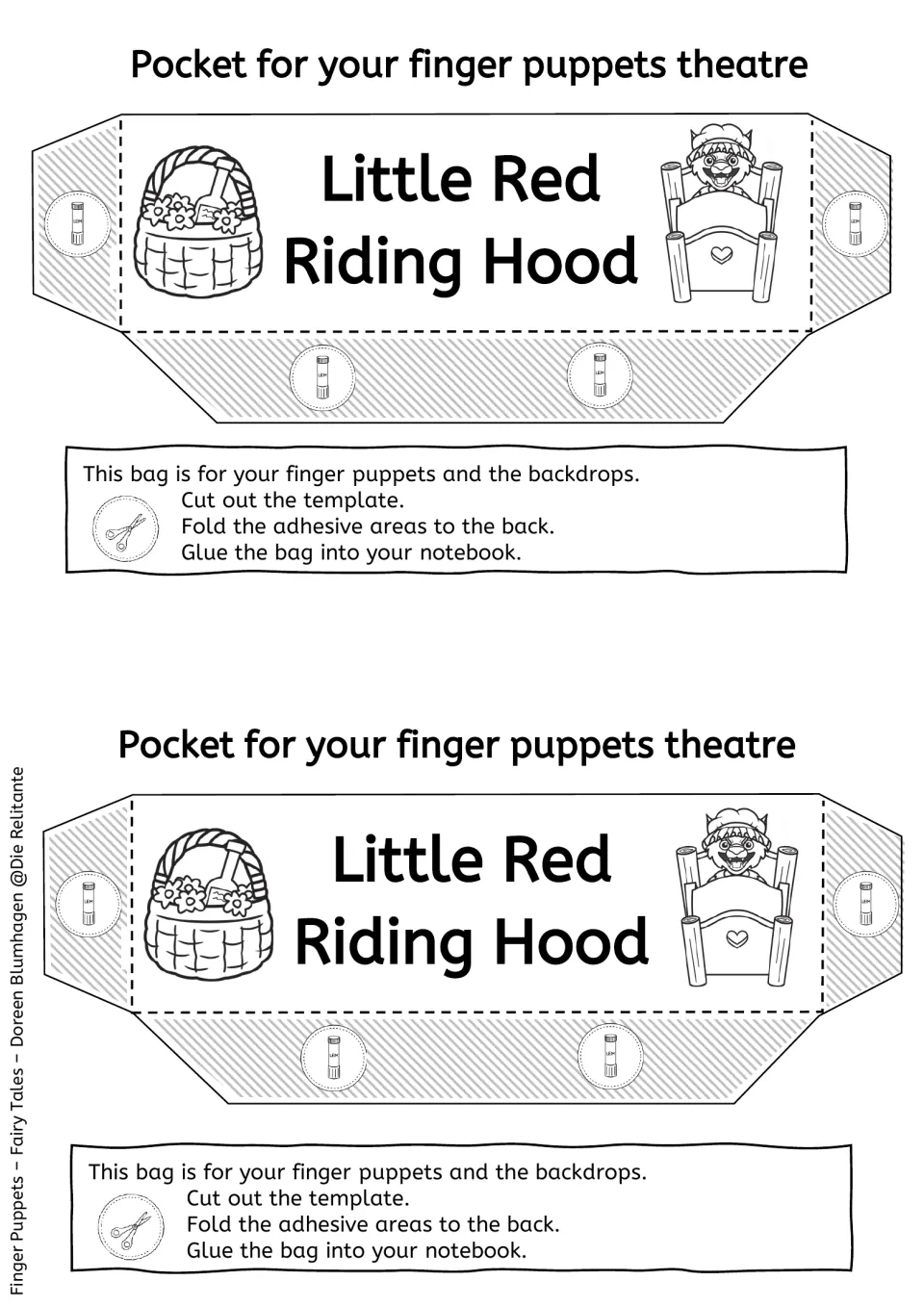 Two black-and-white storage pocket templates for the fairy tale puppets and backdrops, with assembly directions