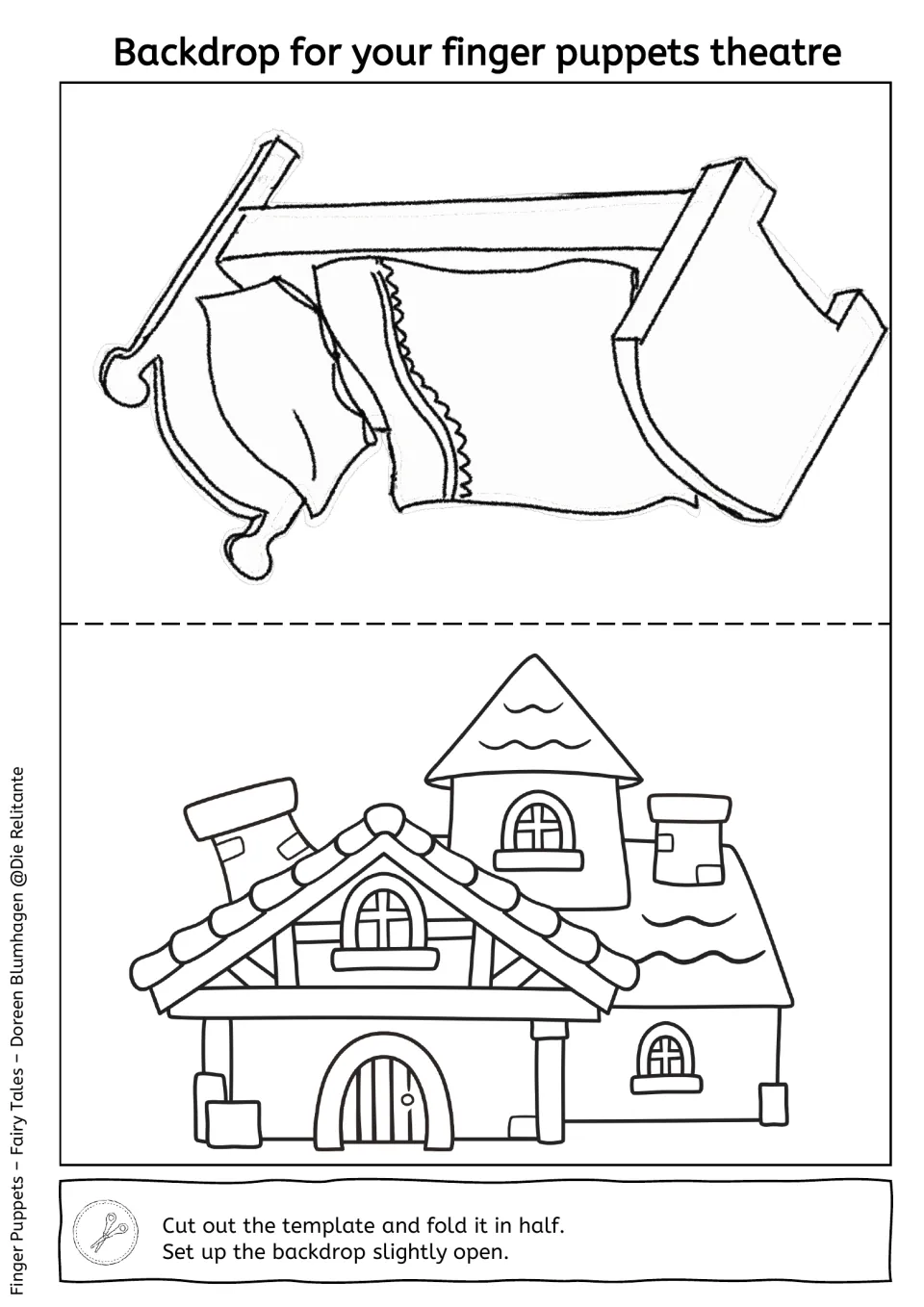 Black-and-white bed and cottage backdrop for the finger puppet theater, with directions to cut and fold in half