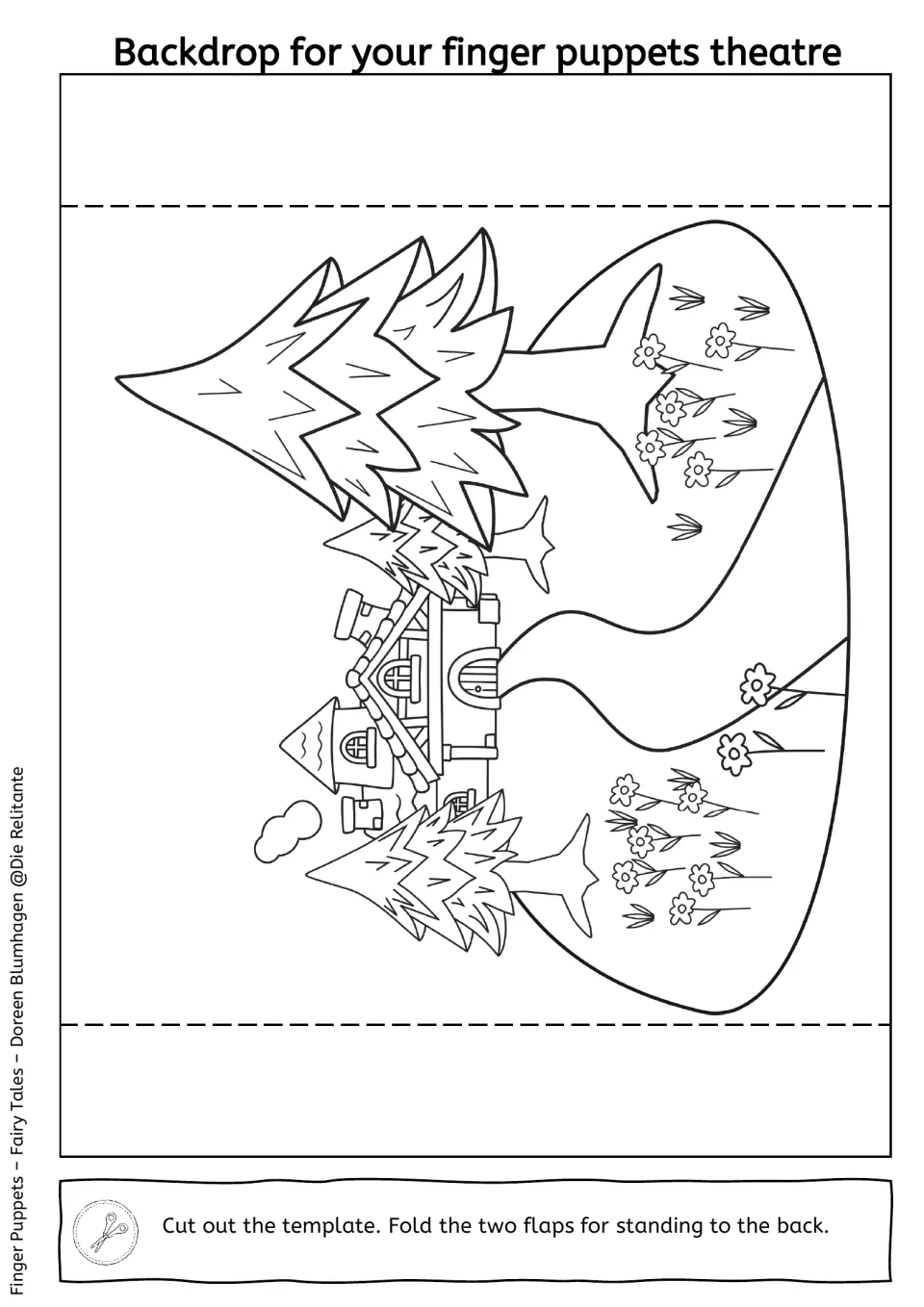Black-and-white forest and cottage backdrop for the finger puppet theater, with two flaps to fold back for standing