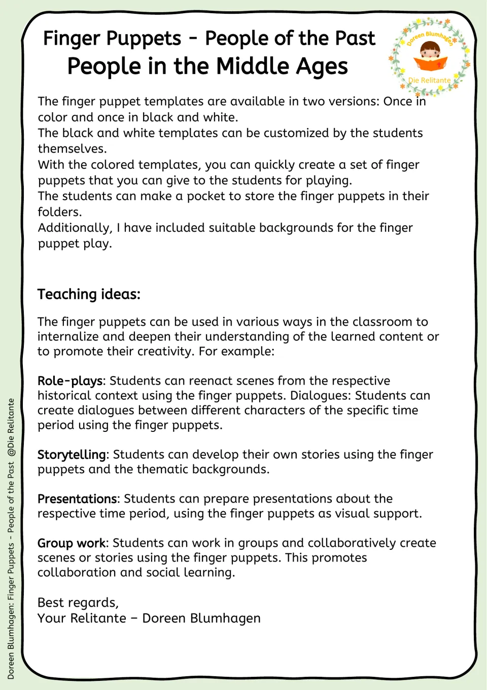 Teacher guide explains color and black-and-white puppets, storage pockets, backdrops, and classroom uses