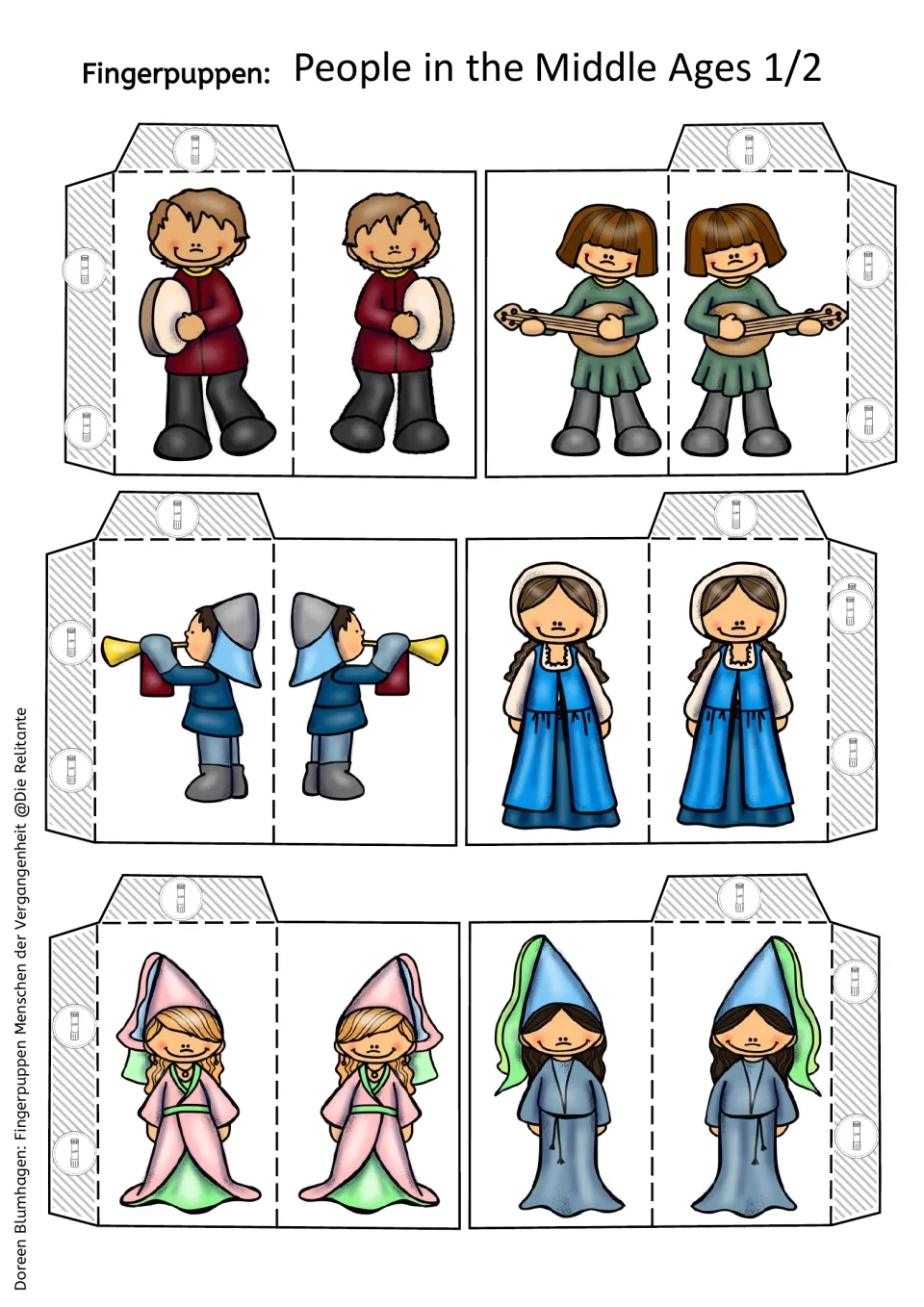 First color puppet sheet: six medieval figures, including a drummer, string player, and trumpet player