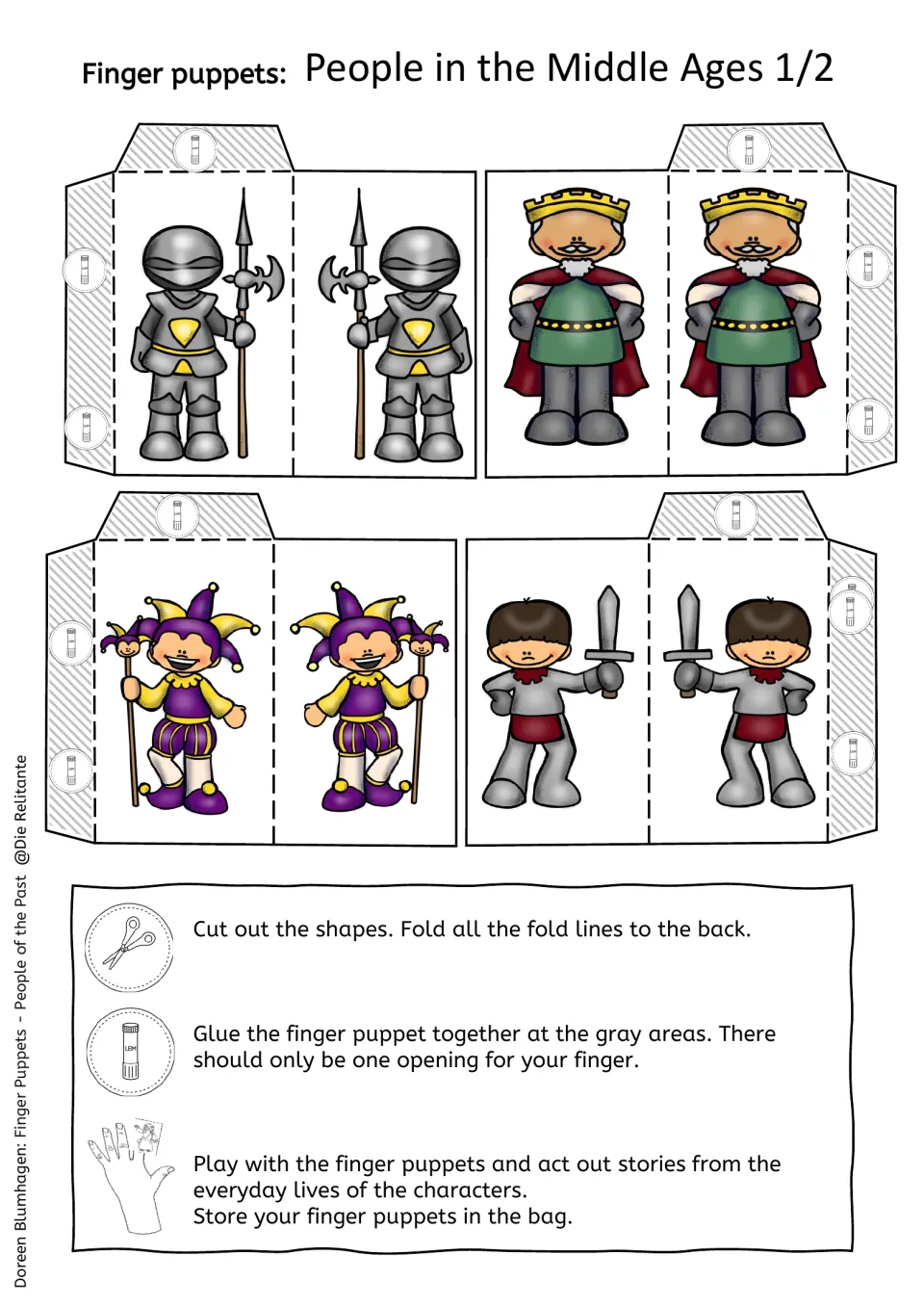 Second color puppet sheet: armored guard, king, jester, and sword-bearing knight, with assembly directions