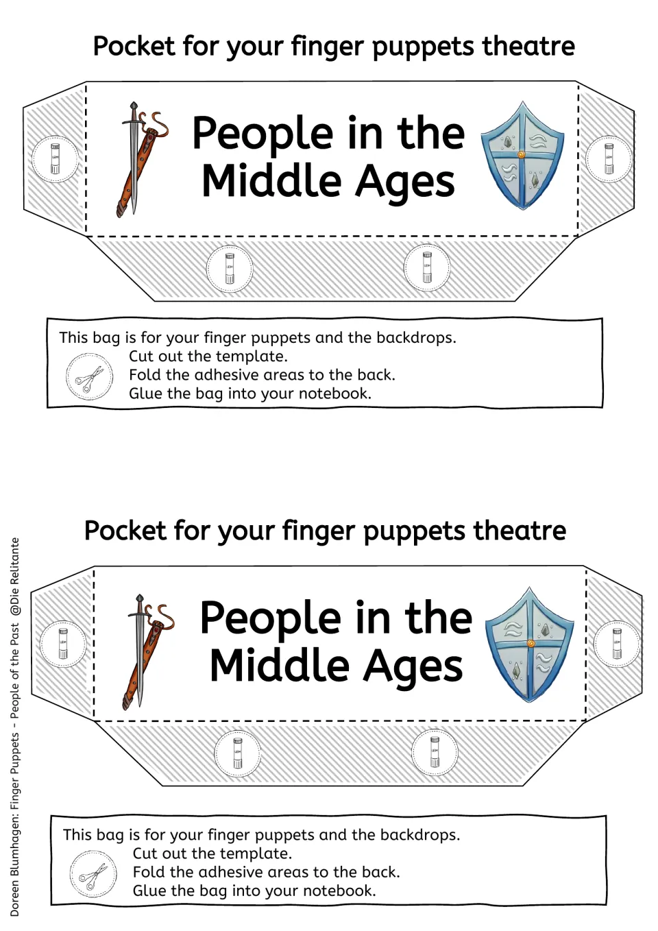 Storage pocket template printed twice for medieval puppets and backdrops, with cut, fold, and glue steps