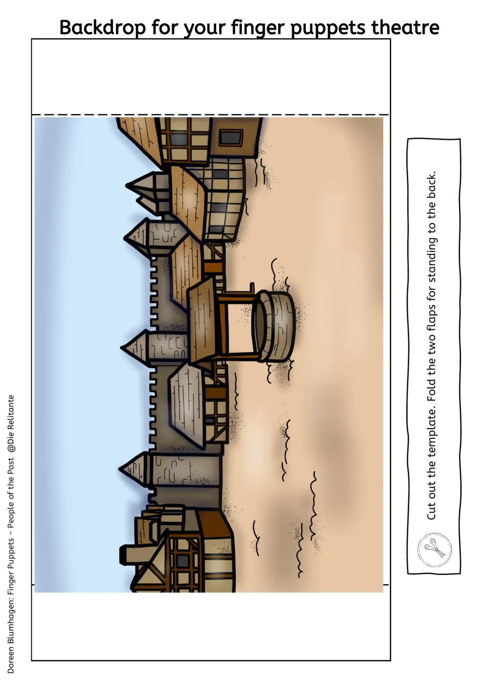 Medieval puppet theater backdrop shows a town square with a well, timbered houses, and fortified walls