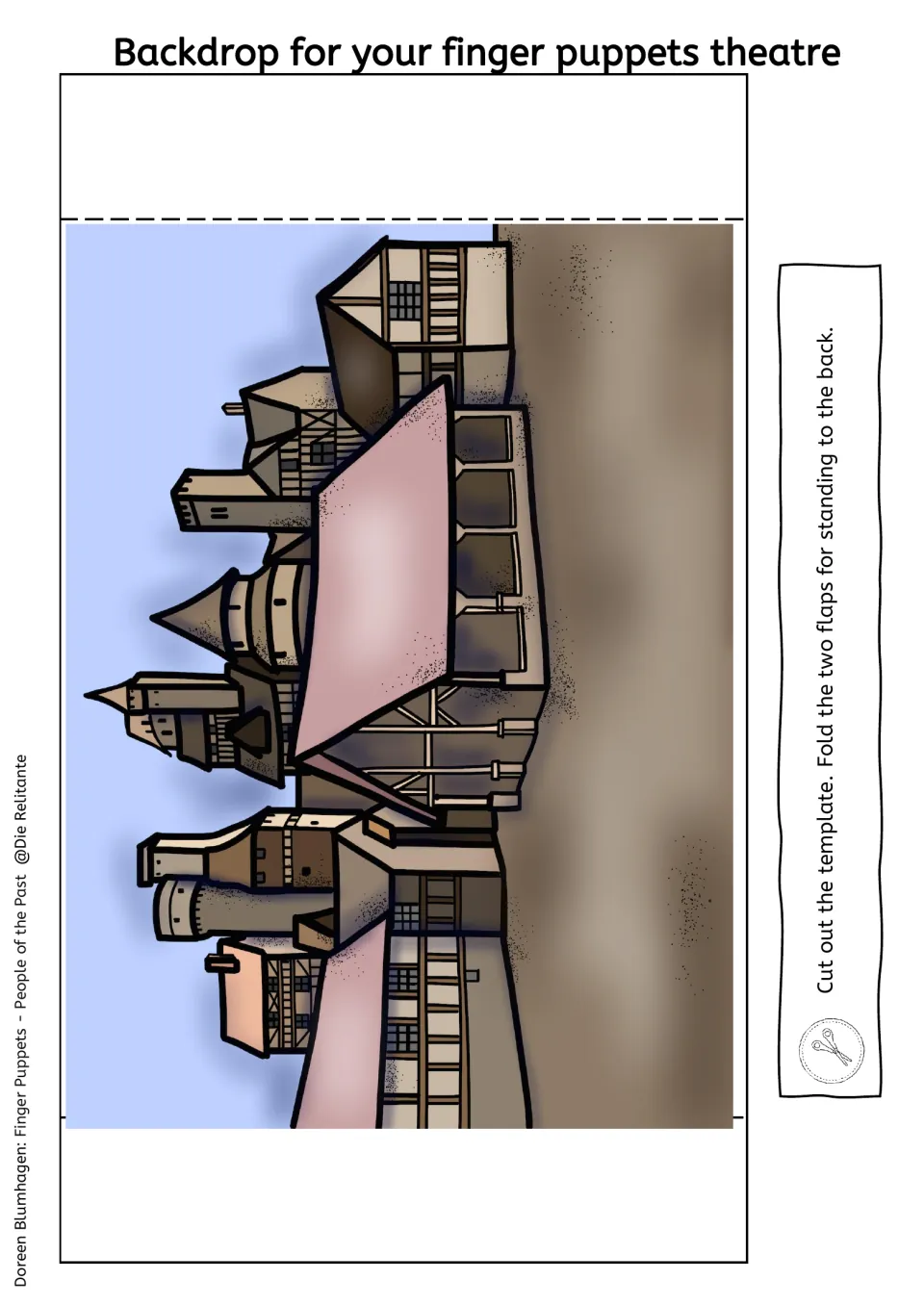 Medieval puppet theater backdrop shows a town scene with timbered buildings, towers, and a roofed pavilion