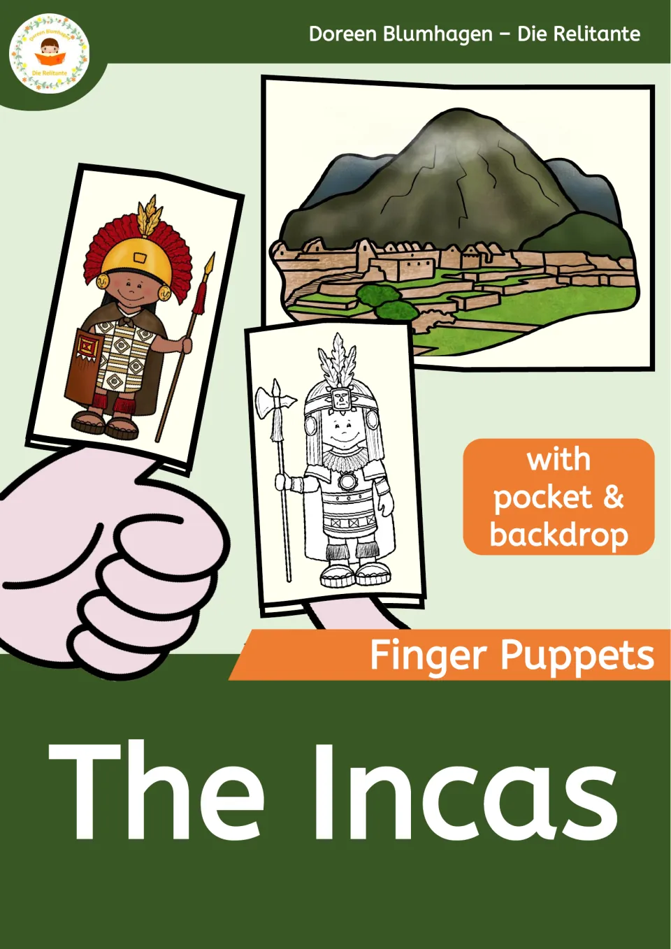 The Incas finger puppets cover by Die Relitante: Inca puppet figures and a mountain ruins scene, with pocket and backdrop