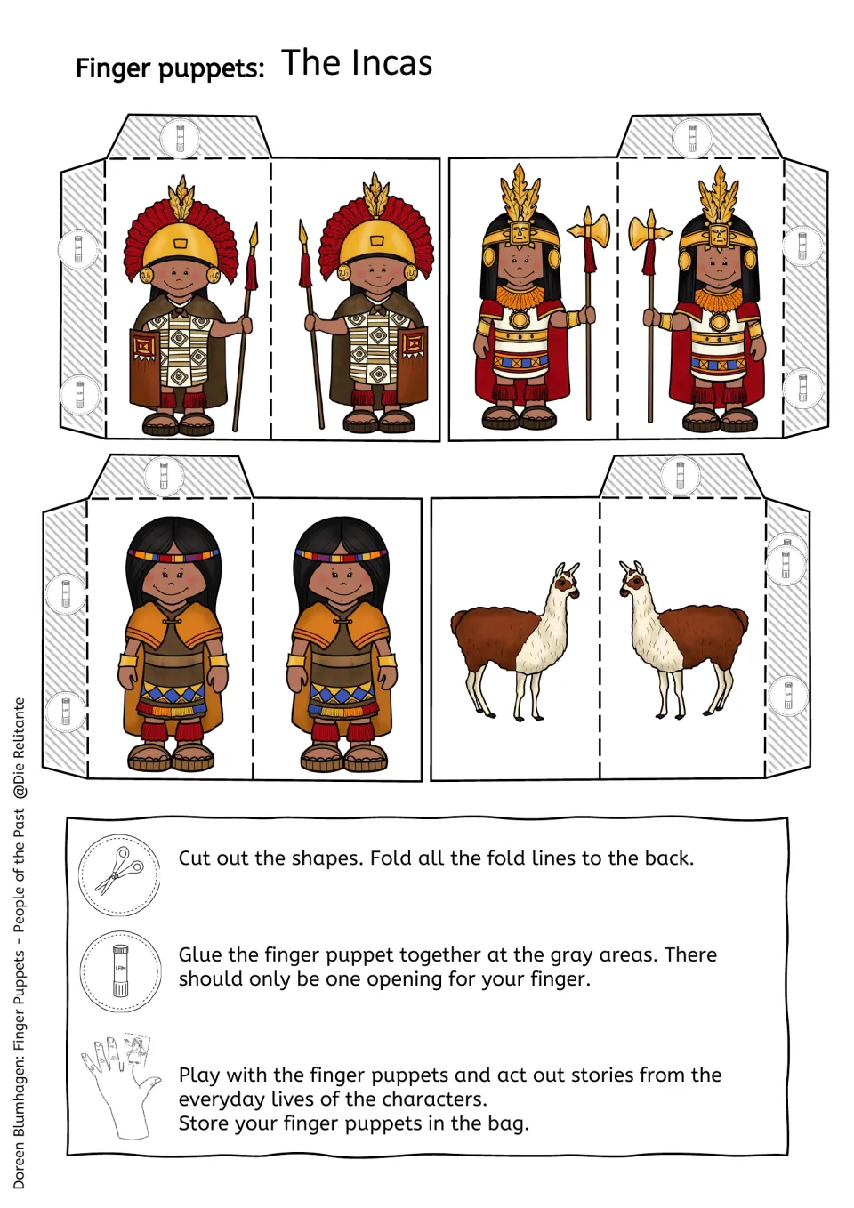 Color Inca puppets to cut out: two warriors, a woman and a llama; students cut, fold and glue each one to fit a finger