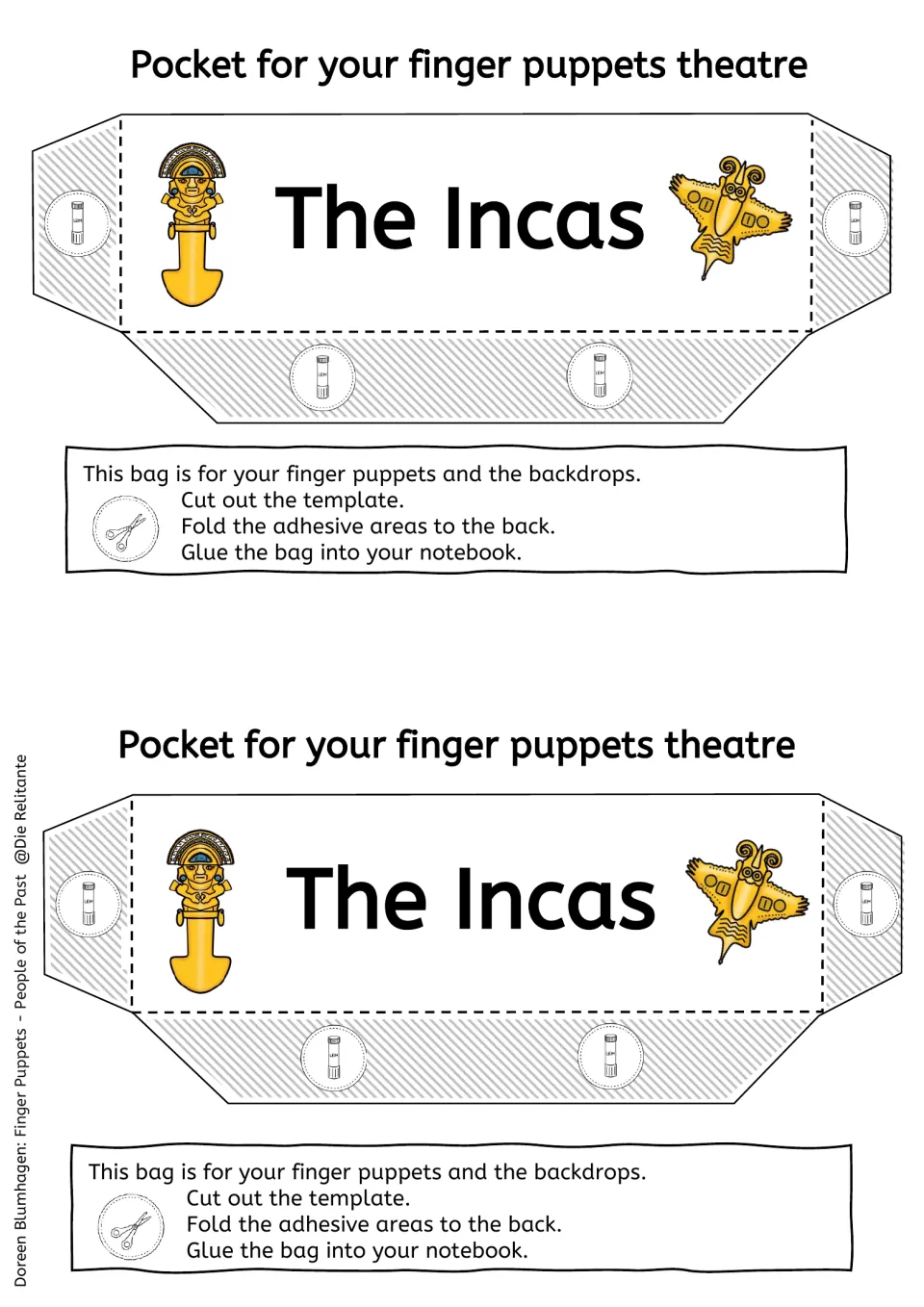 Two color 'The Incas' pockets with gold artifact art; students cut, fold the glue tabs and stick the bag in a notebook
