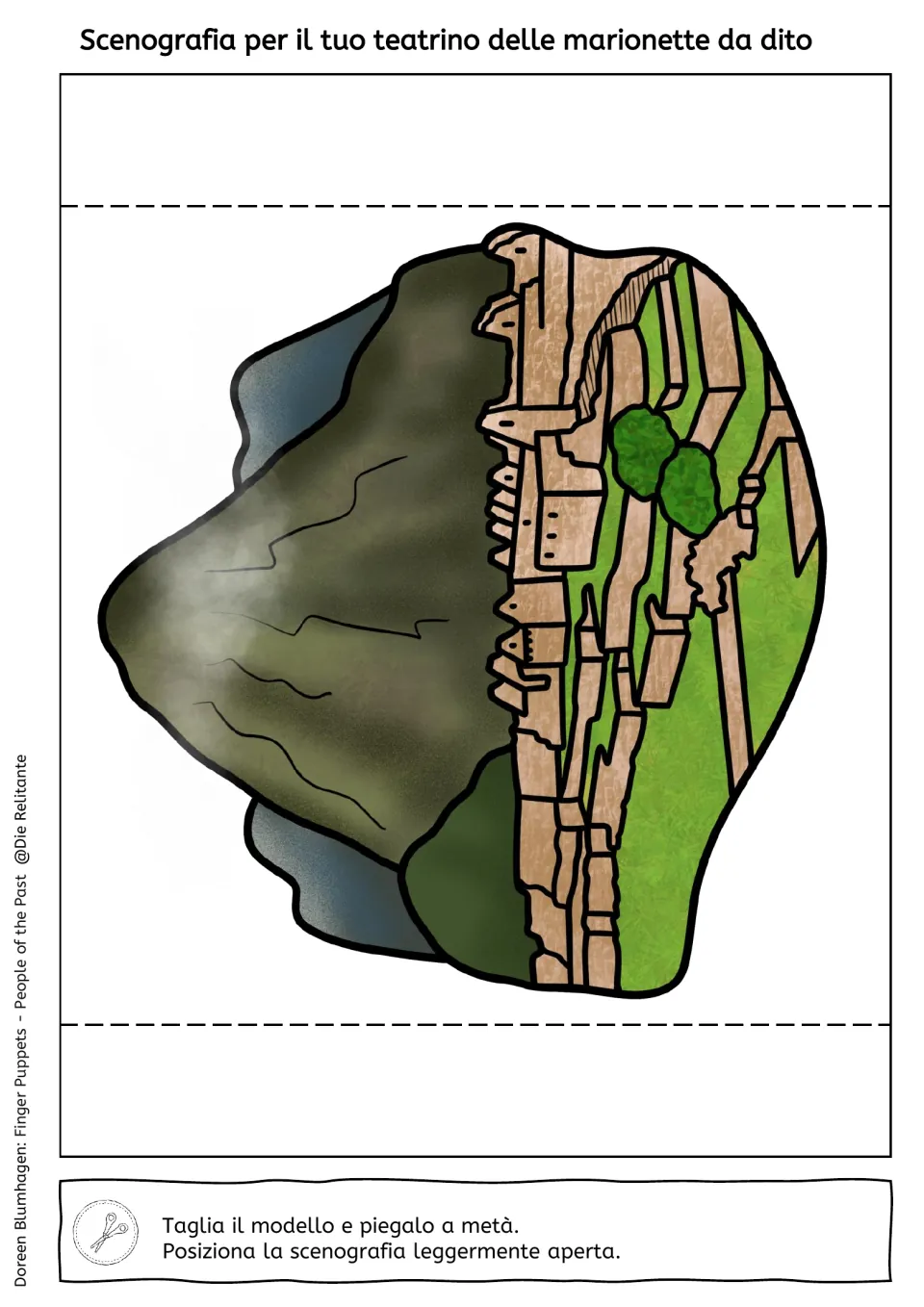 Mountain and terraced ruins backdrop in color, printed sideways; Italian steps say to cut it out and fold it in half