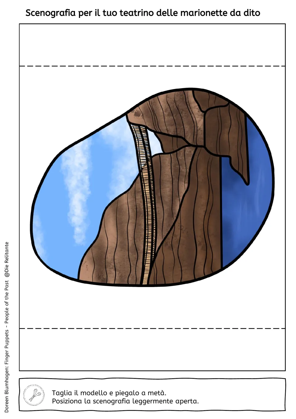 Brown cliffs and blue sky backdrop in color, printed sideways, with Italian cut-and-fold-in-half directions