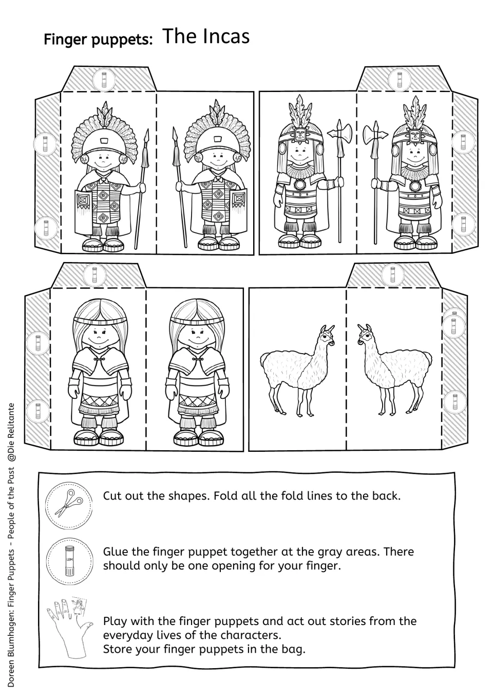 Black-and-white Inca puppet outlines of two warriors, a woman and a llama for students to color, cut, fold and glue