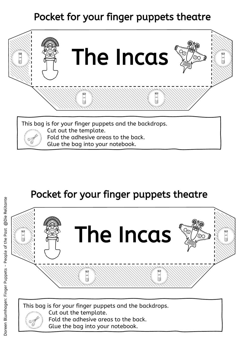 Two black-and-white 'The Incas' pockets with outlined artifact art to color, cut out, fold and glue into a notebook