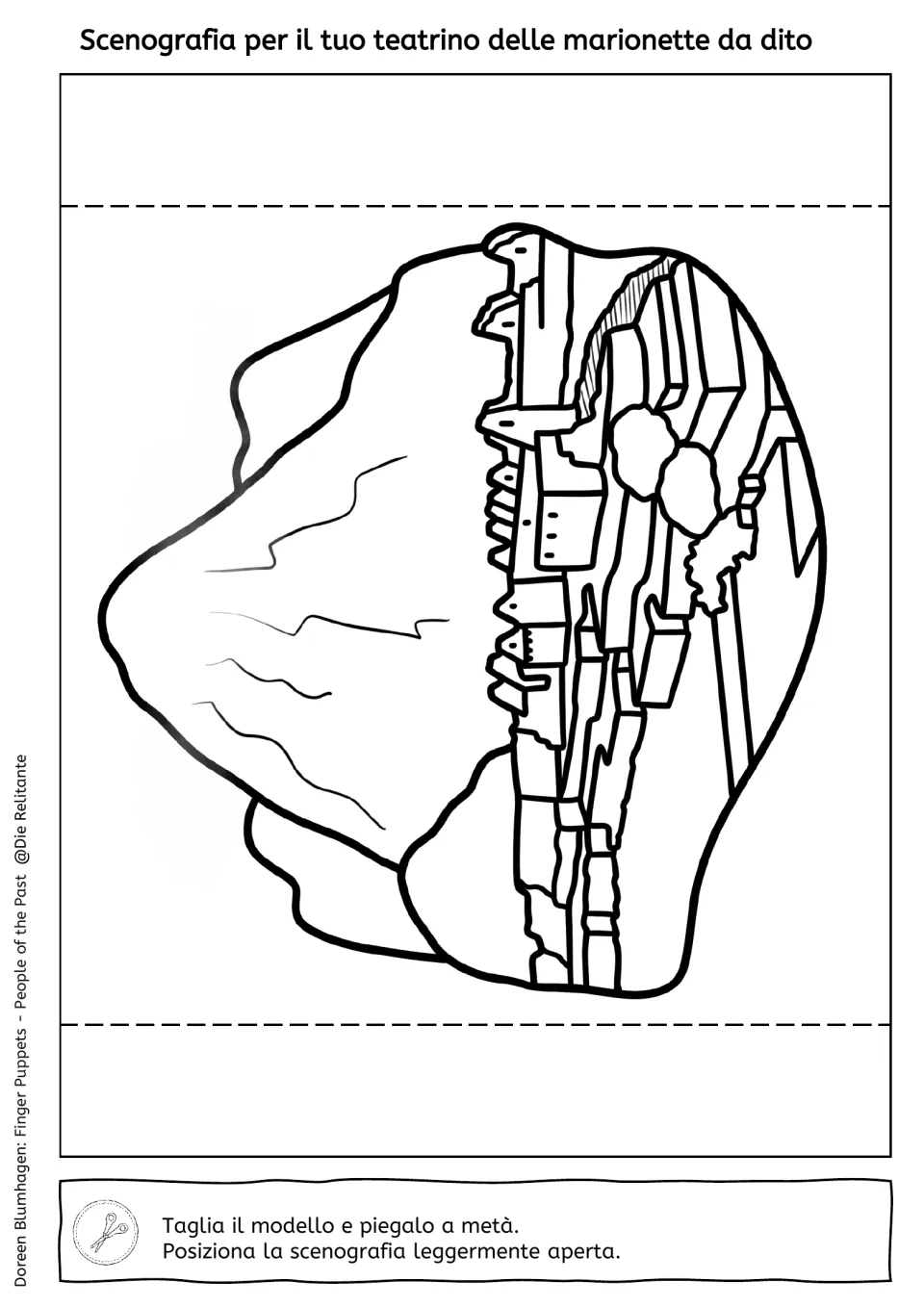Outline backdrop of a mountain and terraced ruins to color, printed sideways, with Italian directions to cut and fold it