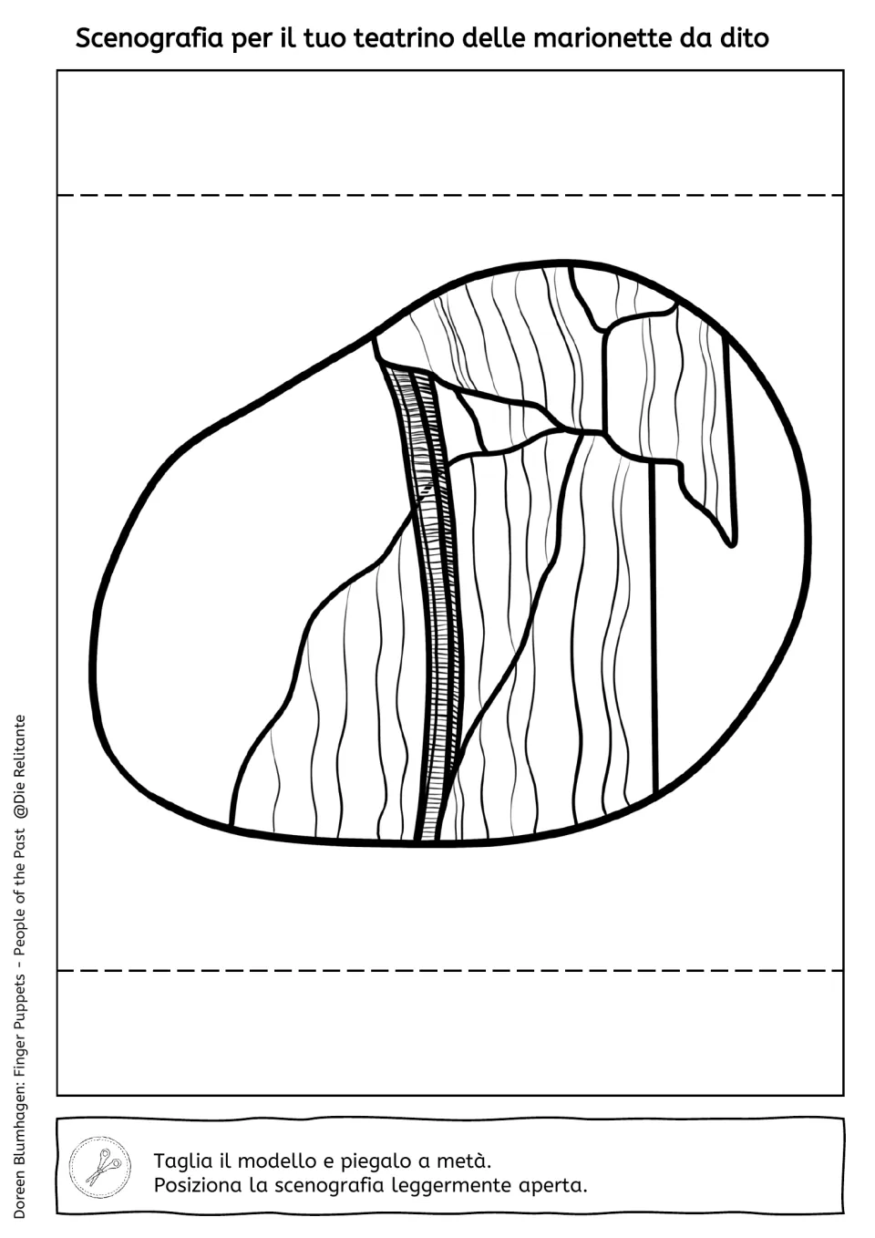 Outline backdrop of cliffs with a narrow striped strip to color, printed sideways, with Italian cut-and-fold instructions