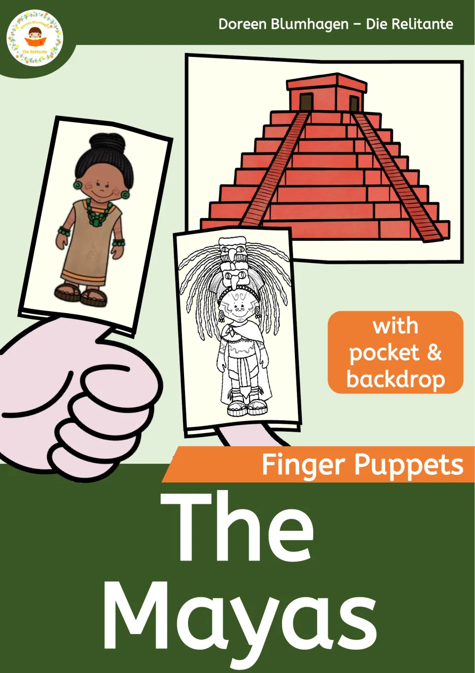 Cover for The Mayas finger puppets with pocket and backdrop, showing a Maya woman, a headdress figure and a red pyramid