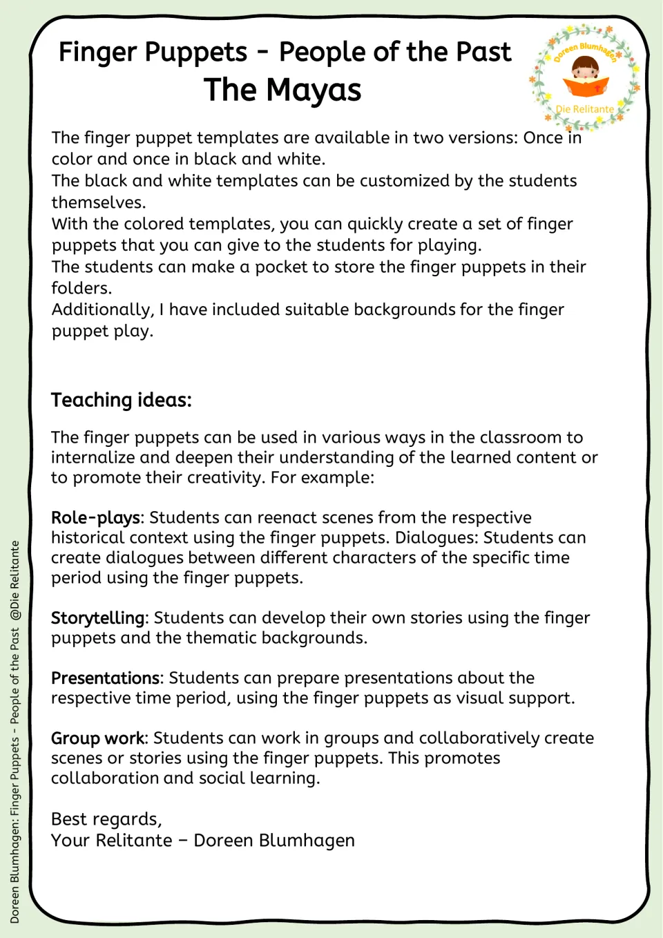 Teacher notes: color and black-and-white puppet versions, pocket, backgrounds, plus role-play and storytelling ideas
