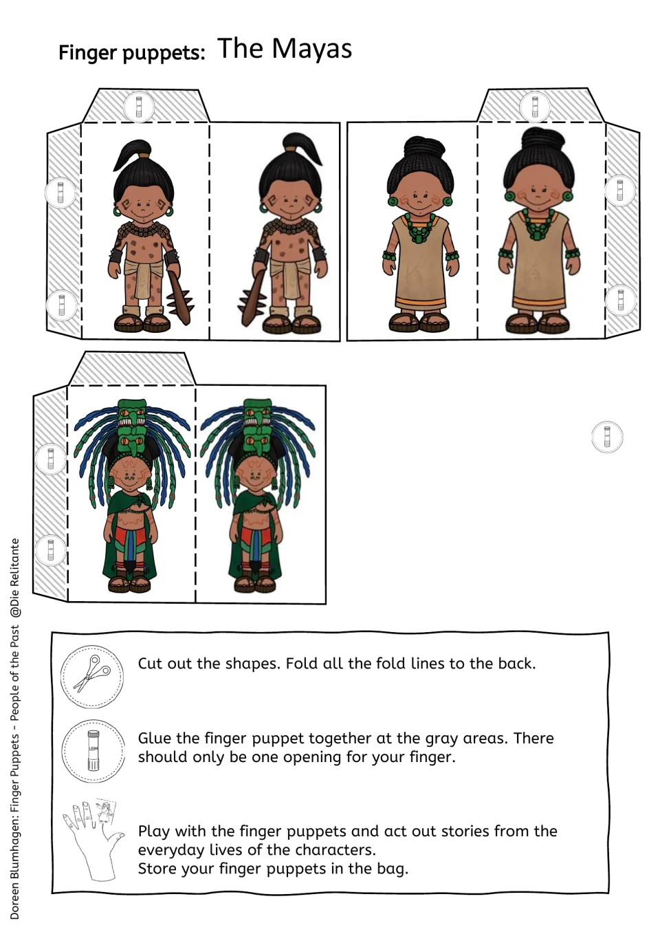 Color Maya finger puppets: students cut, fold and glue a warrior with a club, a woman and a feathered headdress figure